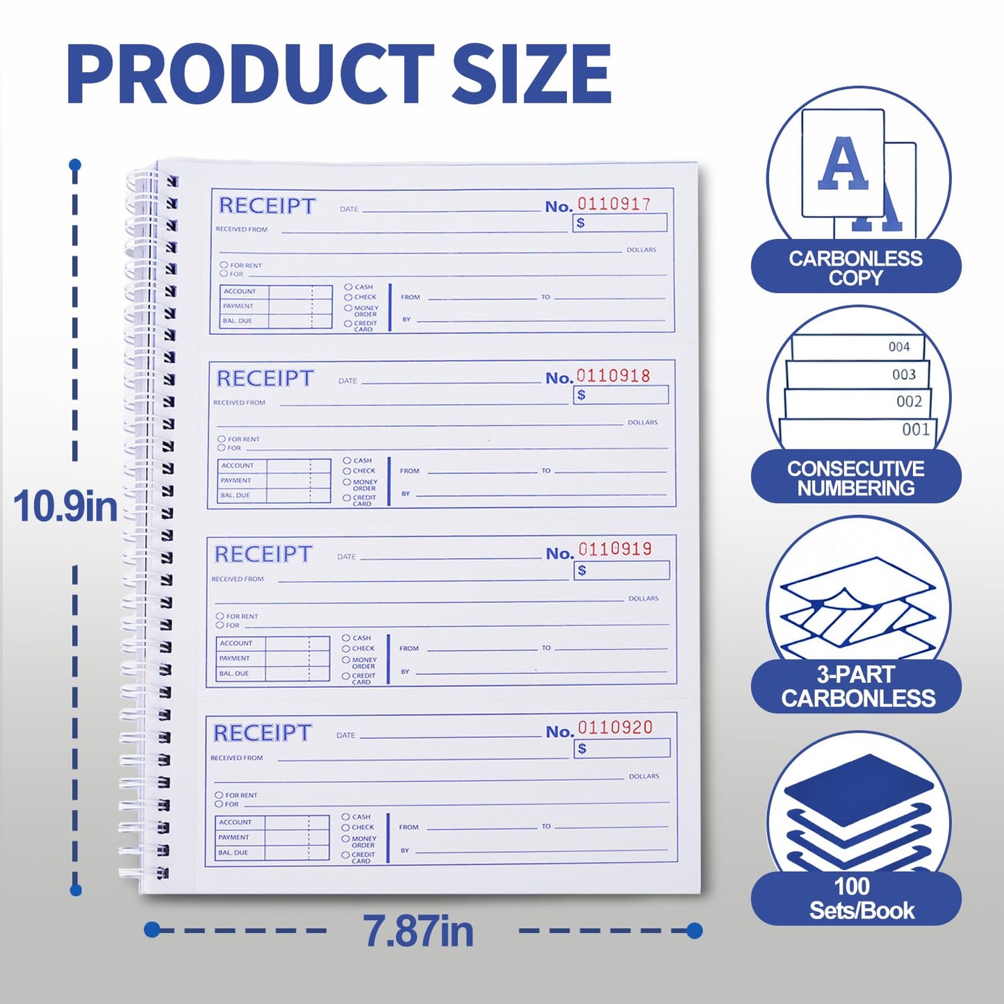 6 Pack Large Money and Rent Receipt Books with Cardboard Insert,7-5/8" x 10-7/8" Spiral Bound,3 Part Carbonless,100 Sets per Book,4 Receipts Per Page for Rent and Cash Transaction
