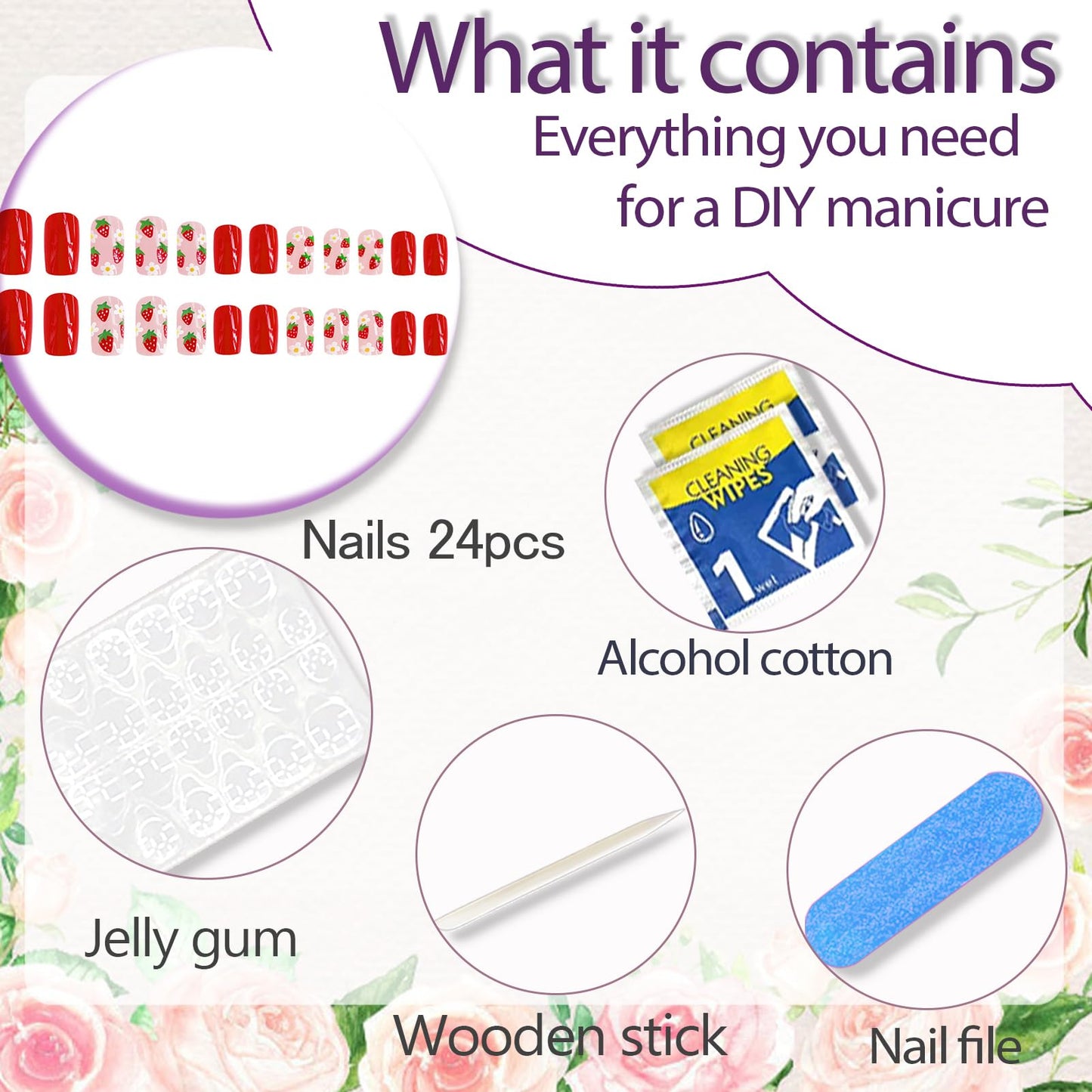 RUPOFUZA Press on Nails Square Short Red Fake False Nails with Lovely White Flowers and Strawberries Design Acrylic Artificial Nail Extra Short Glue on Nail for Women Girls 24Pcs