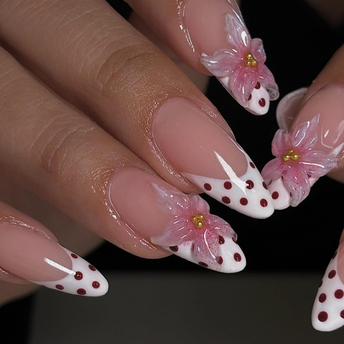 Almond Press on Nails Long Fake Nails French Artificial Nail Pink Floral Designs Cute Stick on Nail for Women 24pcs
