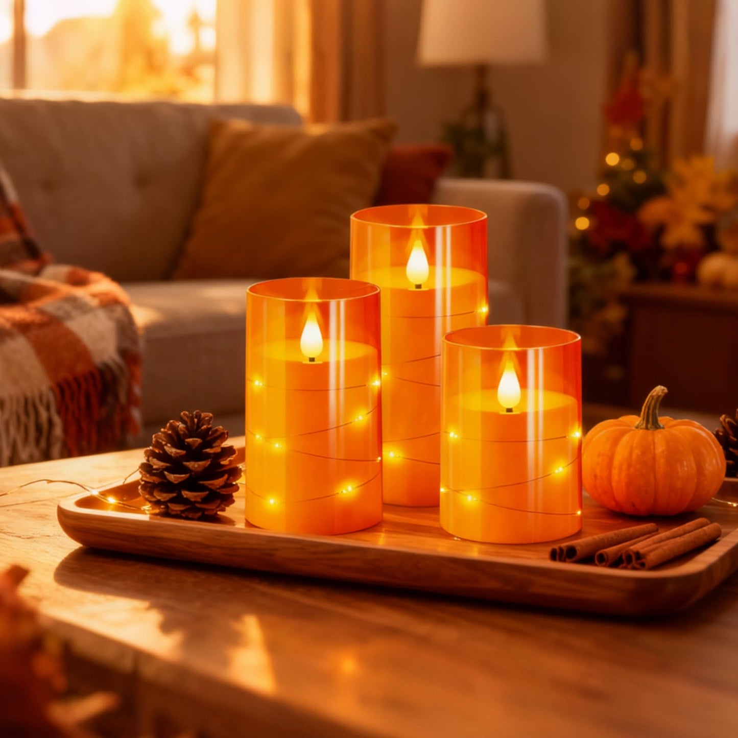 NURADA Flameless Candles with Remote Timers: Built-in Star String Lights 3D Wick Battery Operated Flickering LED Electric Candles for Halloween Thanksgiving Dinner Tables Fall Home Decor Orange 3 Pack