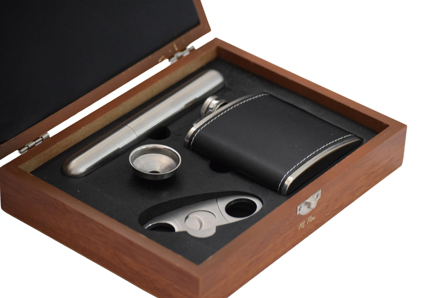 Flask Gift Set for Men – Stainless Steel Hip Flask with Funnel, Cutter & Case in Elegant Wooden Box – Perfect for Whiskey Lovers, Groomsmen, Gifts & Special Occasions