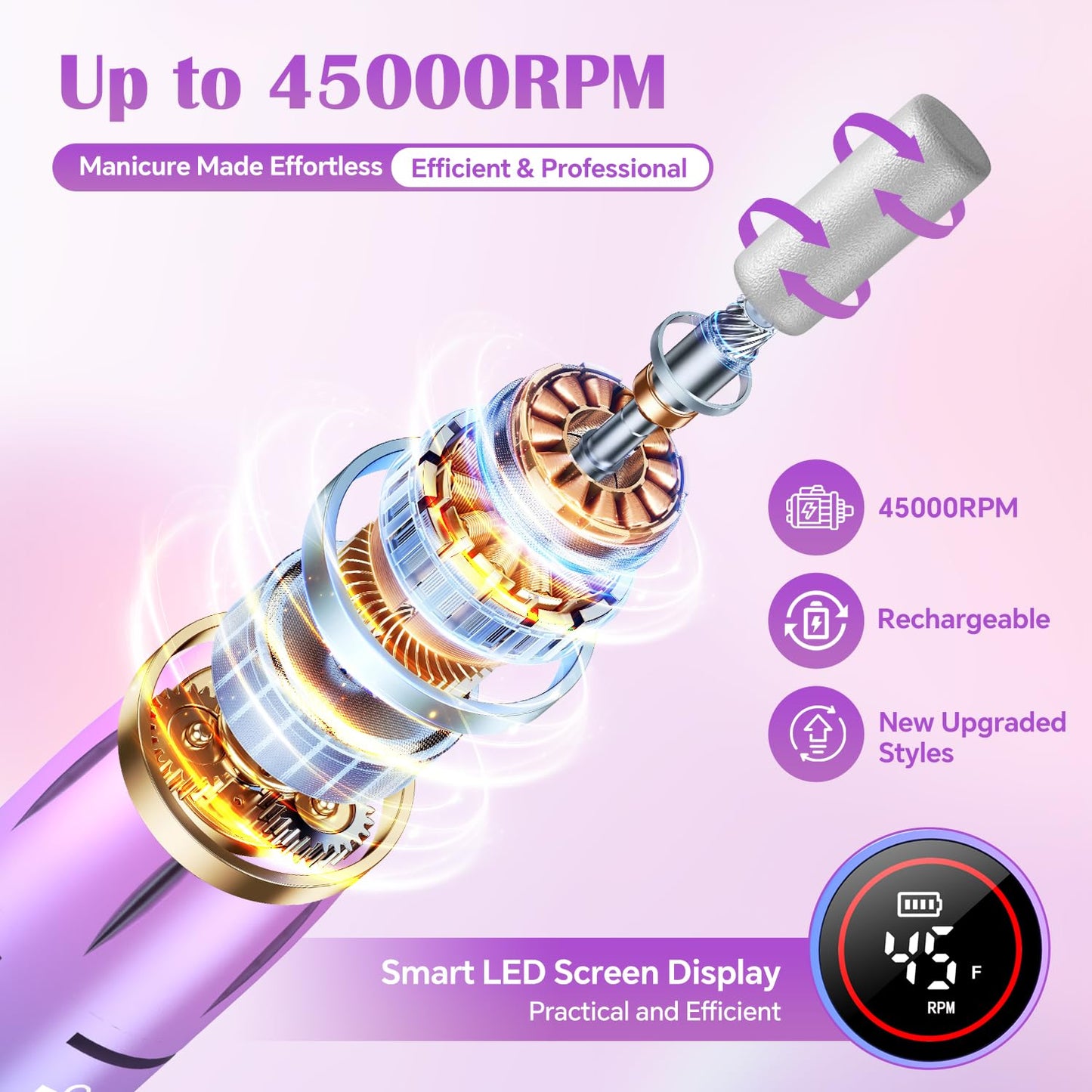 Nail Drill Professional, 45000 RPM Rechargeable Electric Nail File Kit for Acrylic & Gel Nails, Portable Manicure Pedicure Tool for DIY Home or Salon, with 11 Nail Drill Bits & Sanding Band Set
