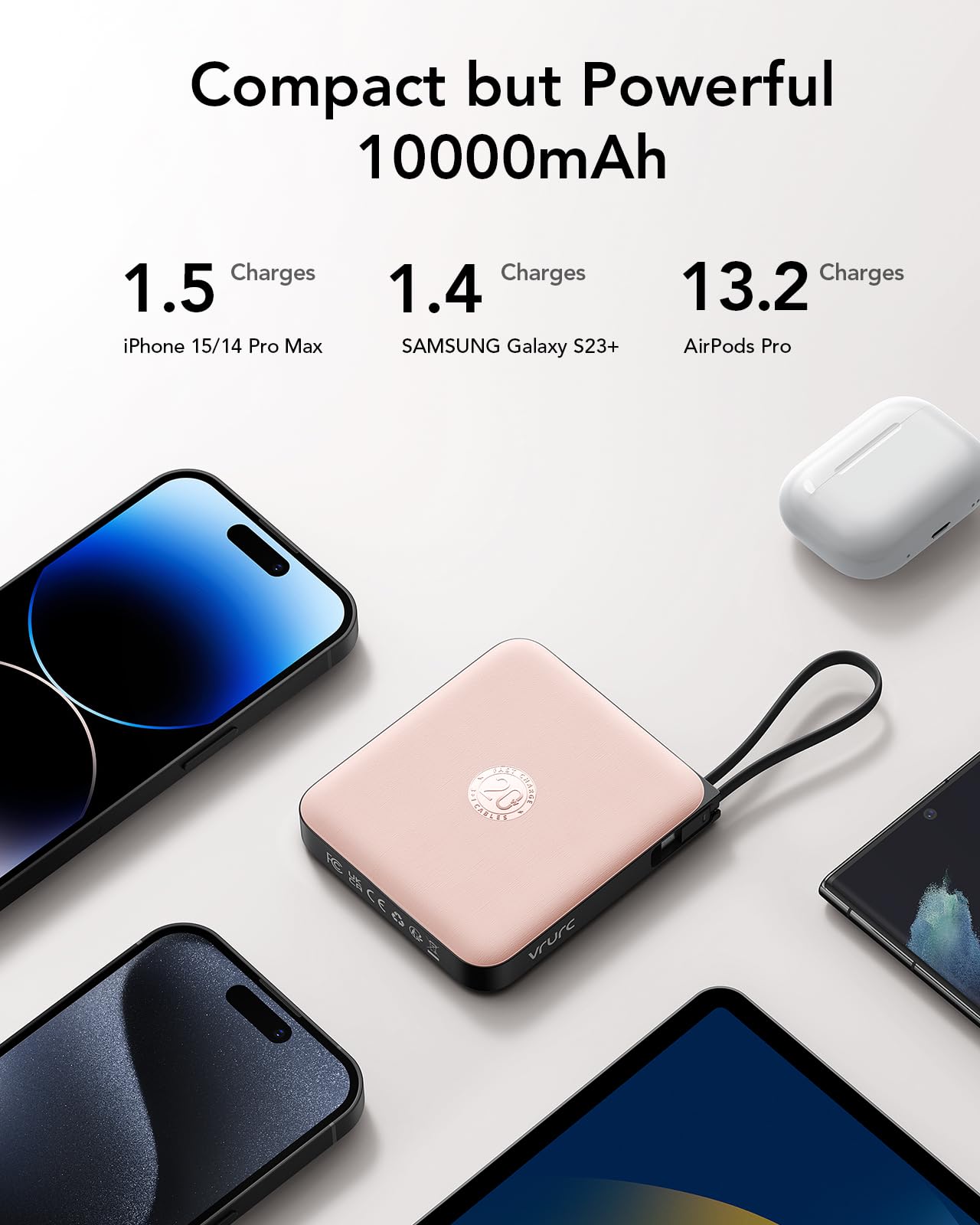 VRURC Portable Charger for iPhone Built-in Cables, 22.5W USB C Fast Charging 10000mAh Pocket Power Bank, Battery Pack for iPhone 17 16 & Samsung Galaxy S26 S25 etc Android, Pink(1 Pack)
