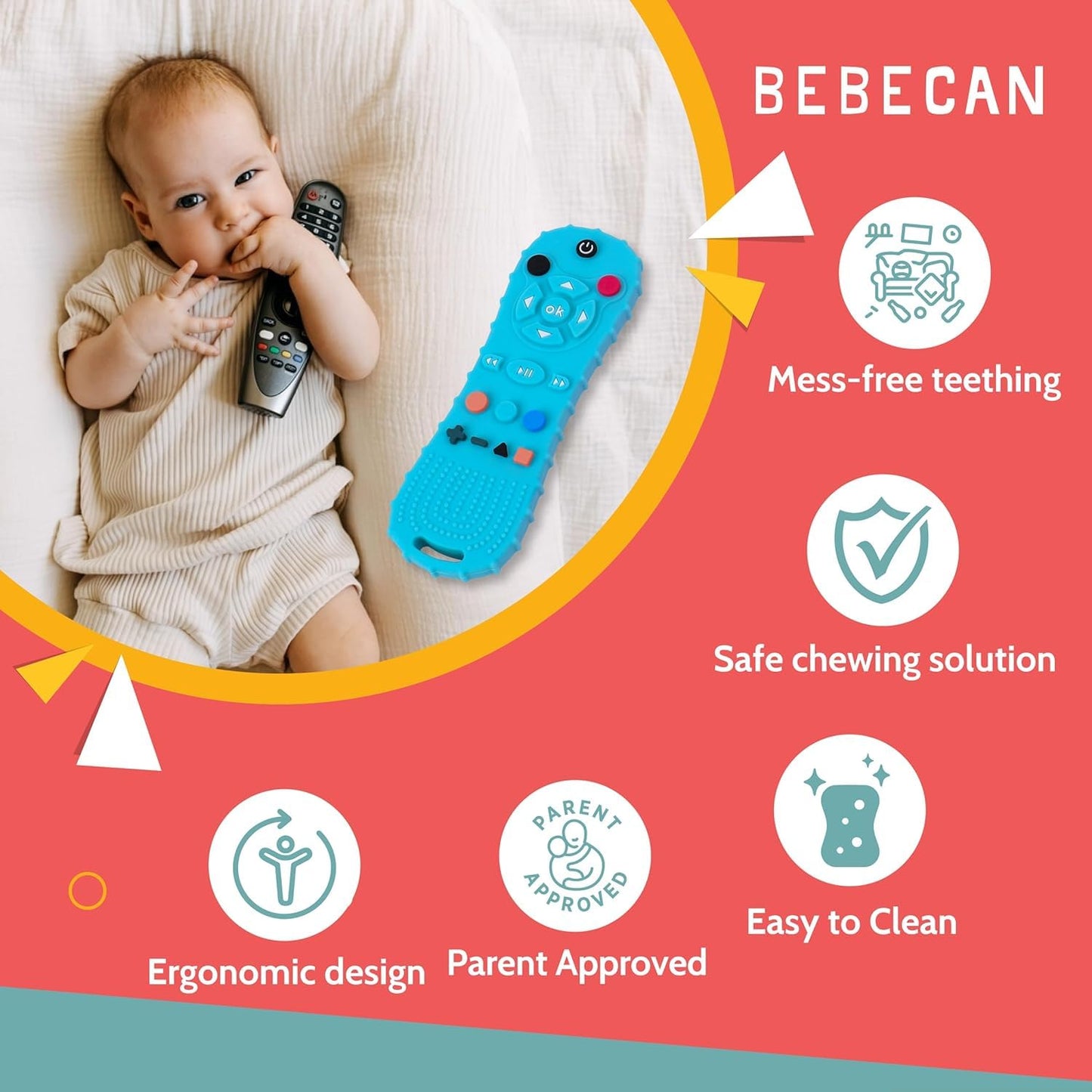 BEBECAN 3 Pack Silicone Baby Remote Teether Chew Toy for Infant TV Teething Remote Control Shape Play Remotes for Babies 3-24 Months (Black+Blue+Pink)