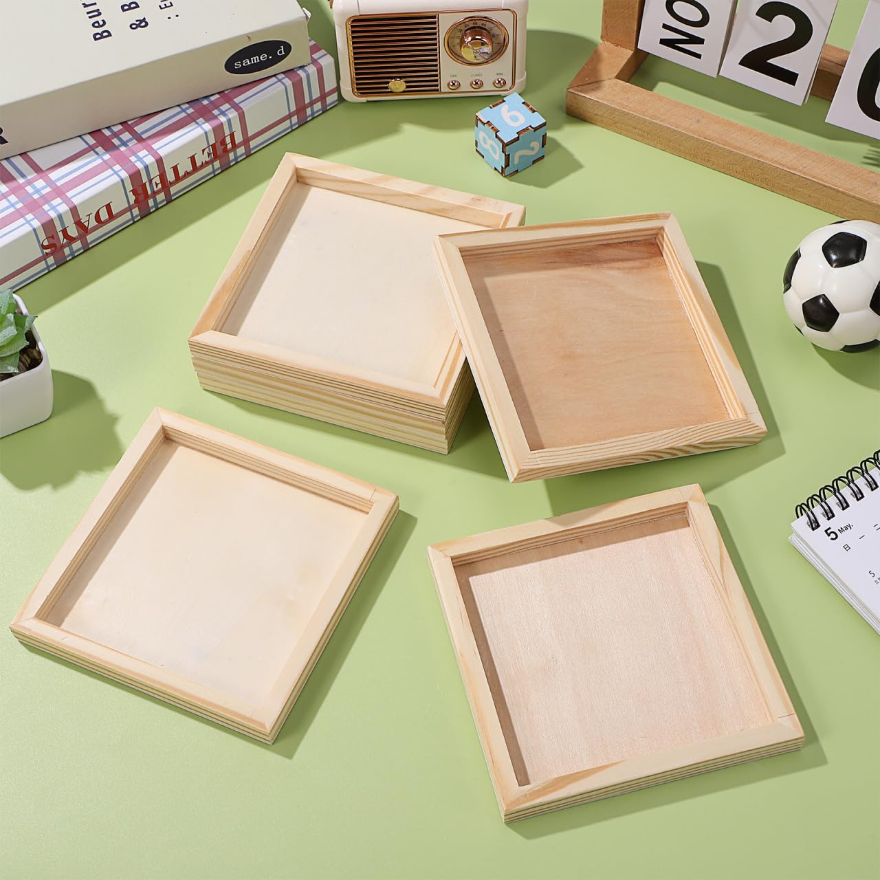 Hemobllo 6-Pack 4.72" Square Unfinished Wood Trays – Natural Puzzle Sorters & Craft Organizers for Kids, Classroom, Home Storage