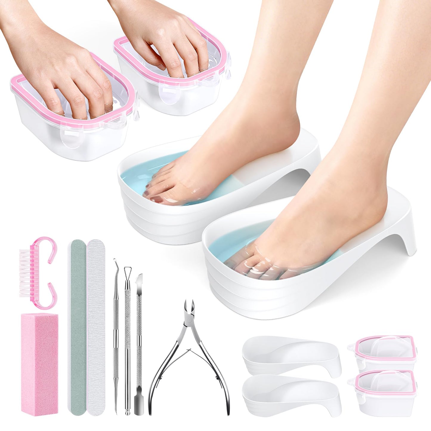 Hand Toe Nail Soaking Bowl: 12PCS Large Size Hand & Foot Nail Soak Off Bowl for Nail Lovers - Acetone Proof Toe Soaking Tray with Manciure Pedicure Tools for Dip Powder Gel Polish Remover(Pink, White)