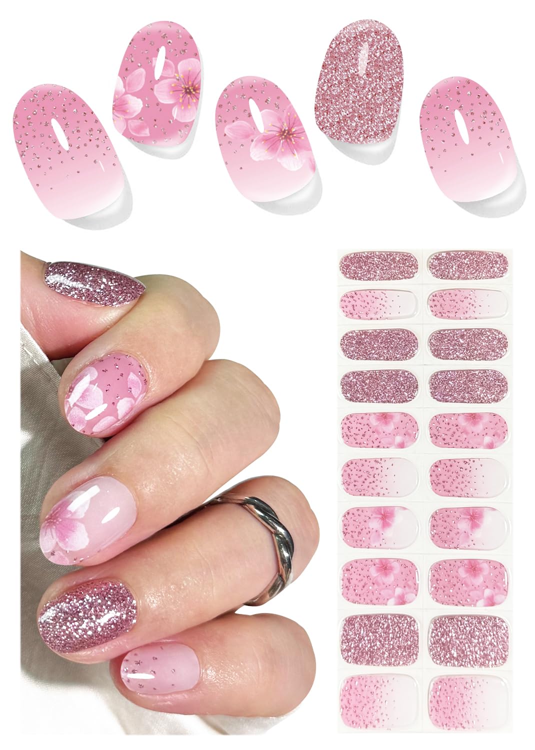 UV Gel Nail Stickers, Spring, Pink Sakura 20pcs Semi Cured Gel Nail Strips, Wraps for Home Manicure DIY