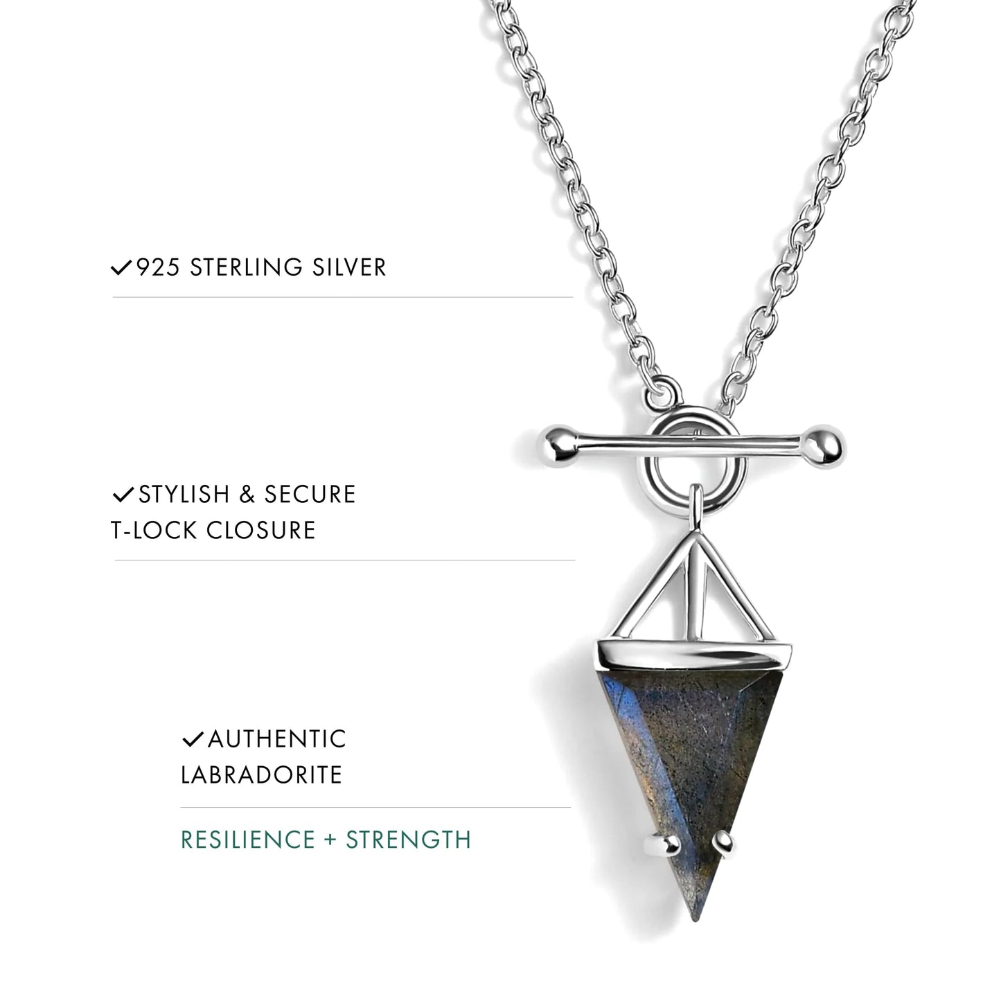 Moon Magic Labradorite Necklace - Heroine T Lock / 925 Sterling Silver - 18k Yellow Gold Black Stone Necklaces for Women/Authentic Crystal Jewelry
