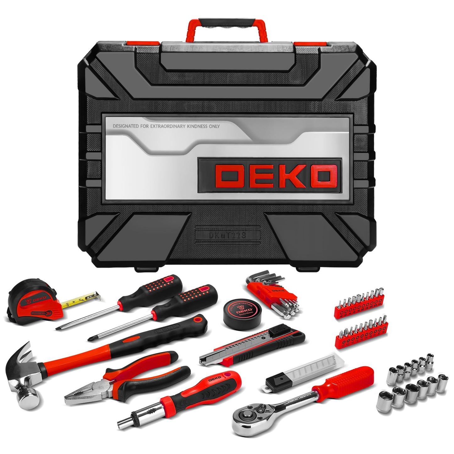 DEKOPRO Tool Set:228 Piece Home Tool Kit, Household Basic Repair Tool Set Comes with Plastic Storage Case, Socket Wrench Set for Car-Red