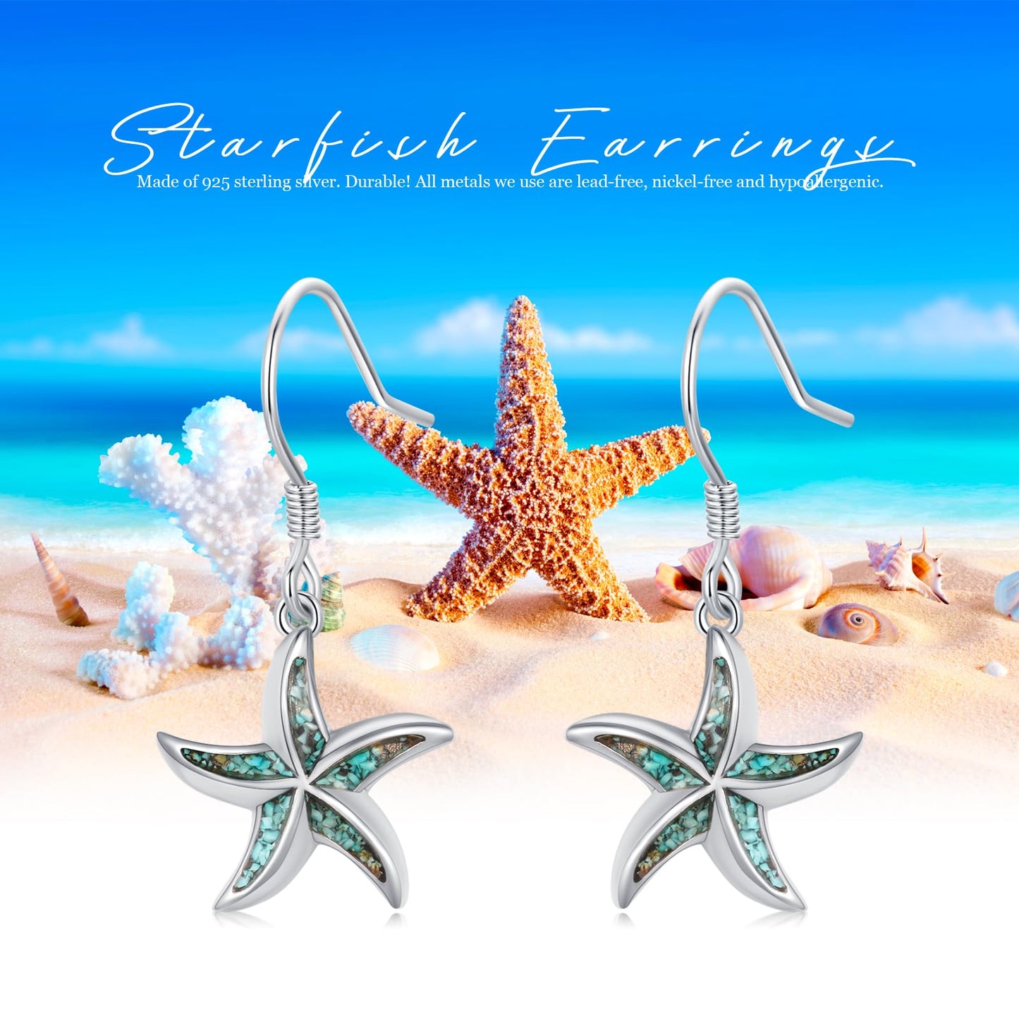 Starfish Earrings 925 Sterling Silver Turquoise Starfish Dangle Drop Earrings Summer Beach Themed Jewelry Ocean Gifts for Women