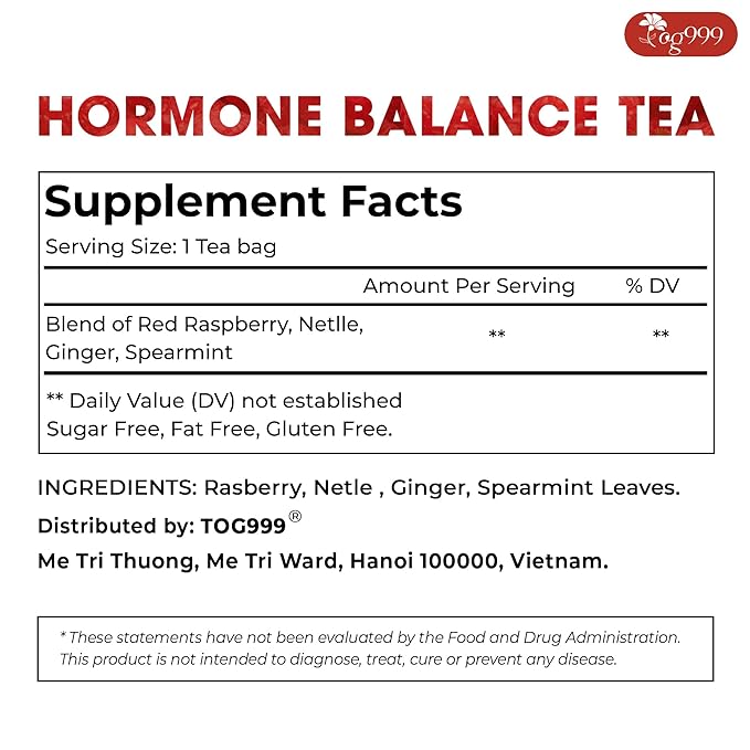 TOG999 Red Raspberry Leaves Tea Bags with Spearmint Flavor for Hormone Balance Natural Menstrual Cycle Support, 40 Count, Natural Material Tea Bags, No Sugar, No Caffeine, Vegan