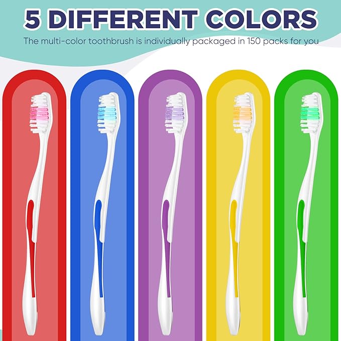 Chengu 150 Pack Individually Wrapped Bulk Toothbrush Disposable Travel Colorful Soft Bristle Ergonomics Handle Toothbrush for Travel, Hotel, Donation,Homeless