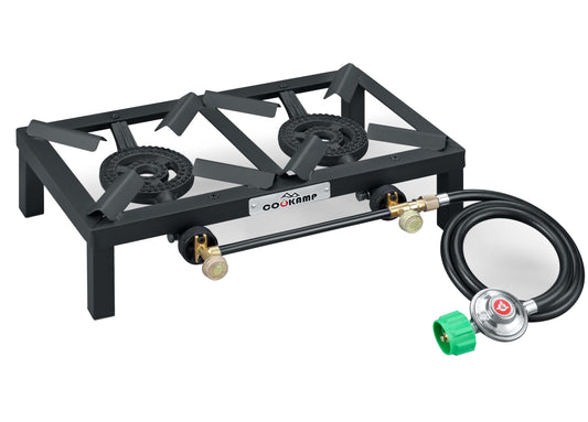 COOKAMP Propane Double Burner Angle Iron Camp Stove with CSA Listed Regulator and 4ft Hose (SA2200)