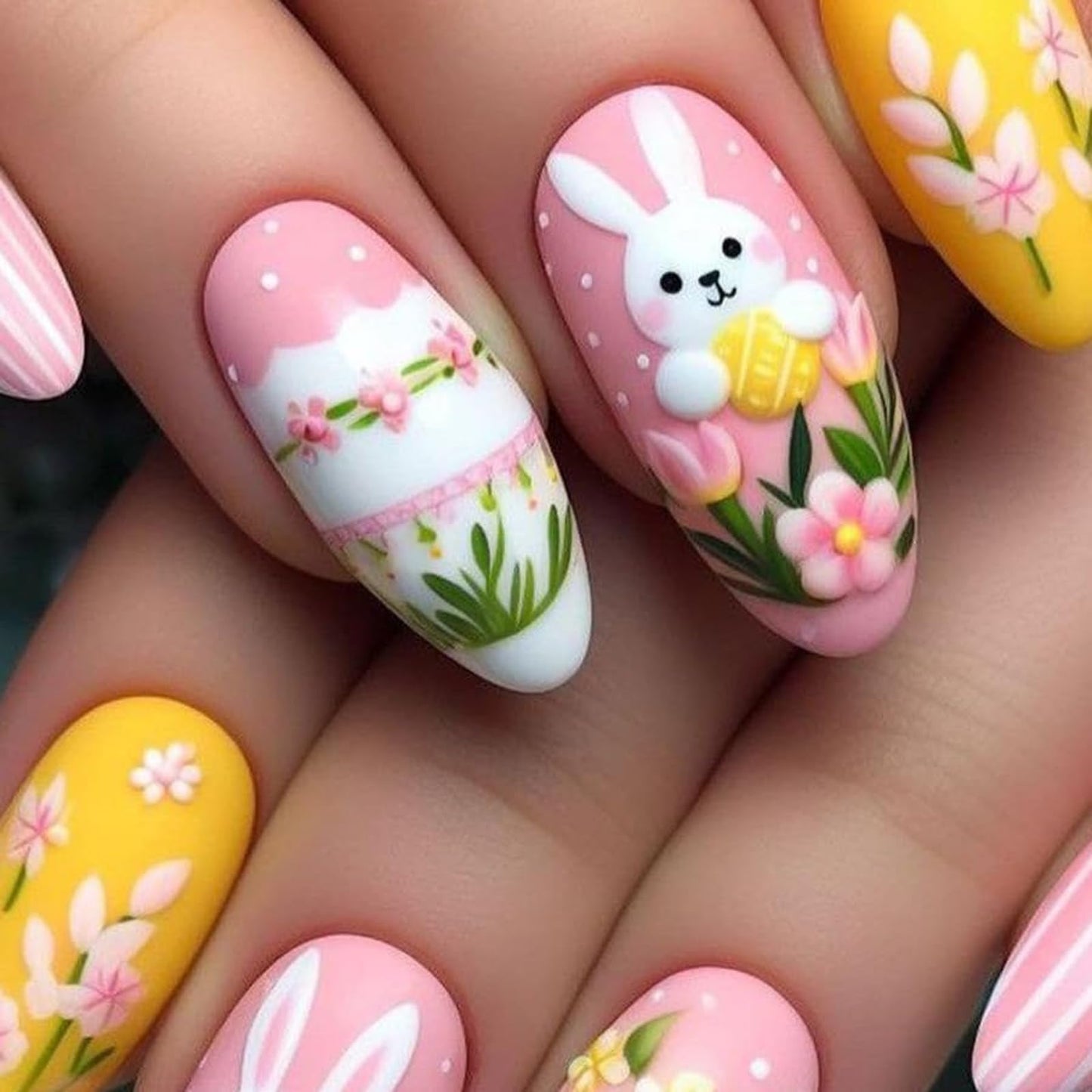 Easter Press on Nails Medium Almond Matte Fake Nails Pink Rabbit False Nails Cute Egg Easter Forest Theme Flowers Acrylic Stick on for Women Easter Holiday Manicure Decoration 24Pcs