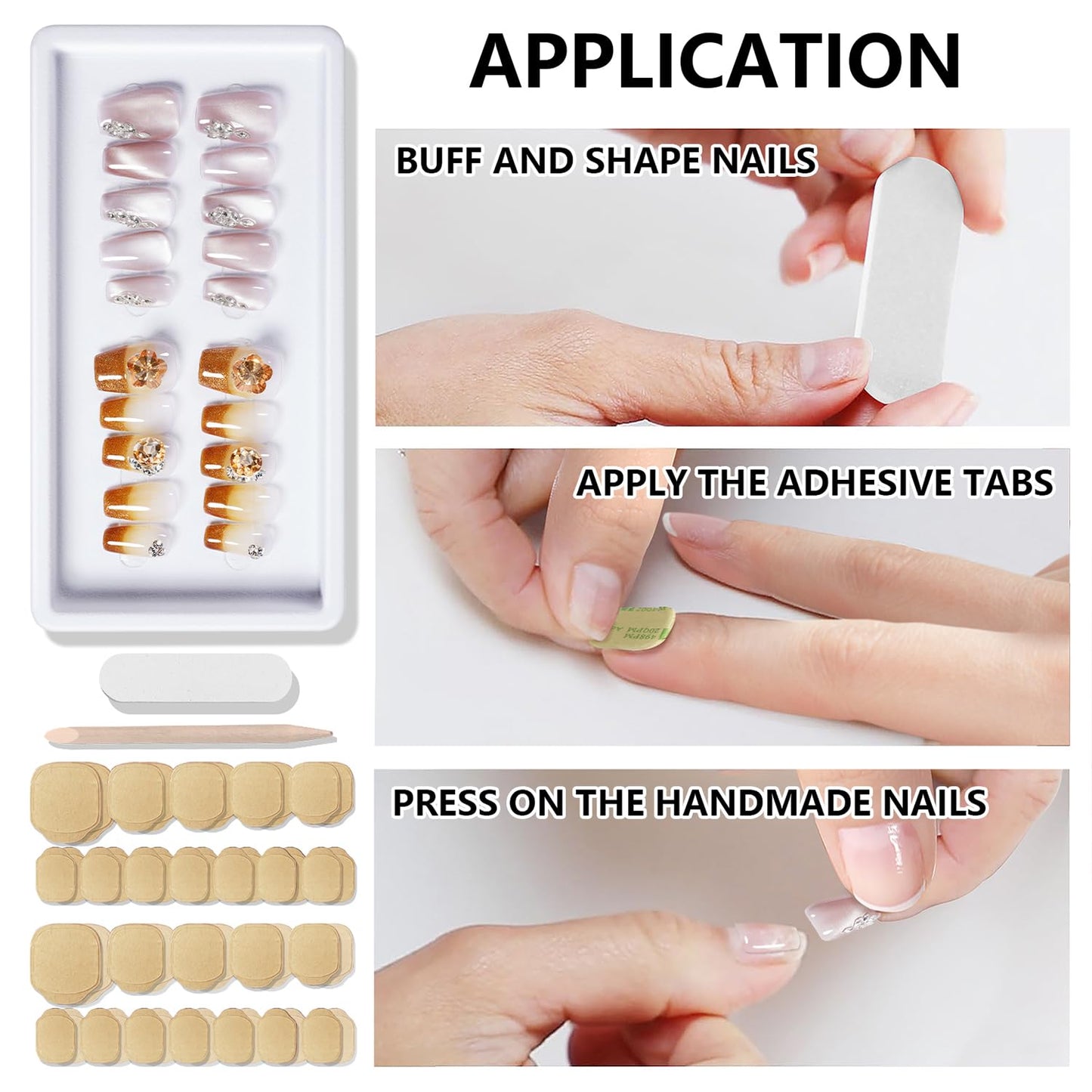 AVVA VISION 2 Packs Press On Nails Handmade Rhinestones Charms DIY Reusable Adhesive Tabs False Fake Nail, Set #01, Size L