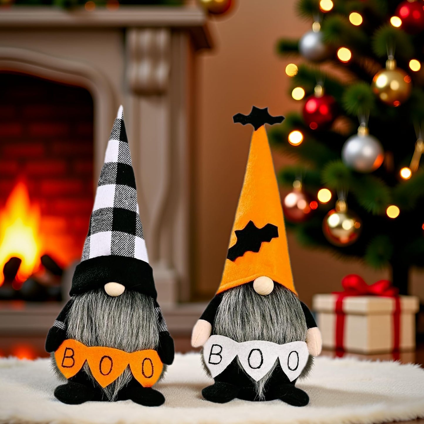 Halloween Gnomes Decoration 2 Pack Figures- 10.6'' Plush Gnome Decorations with Boo & Bat Designs, Cute Home Decor for Bookshelf, Window, Porch, Party, Halloween New Year Gift (Boo & Bat Gnomes)