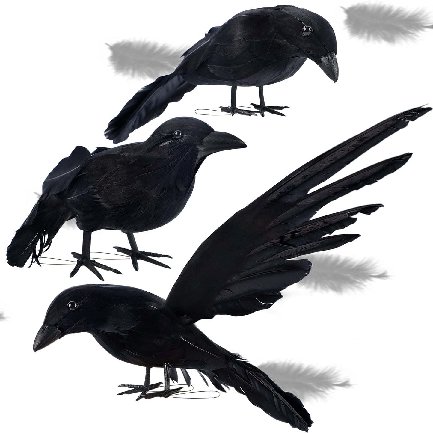 ATDAWN Halloween Birds, Black Feathered Crows, Realistic Looking Halloween Decoration Birds (3 Pack)