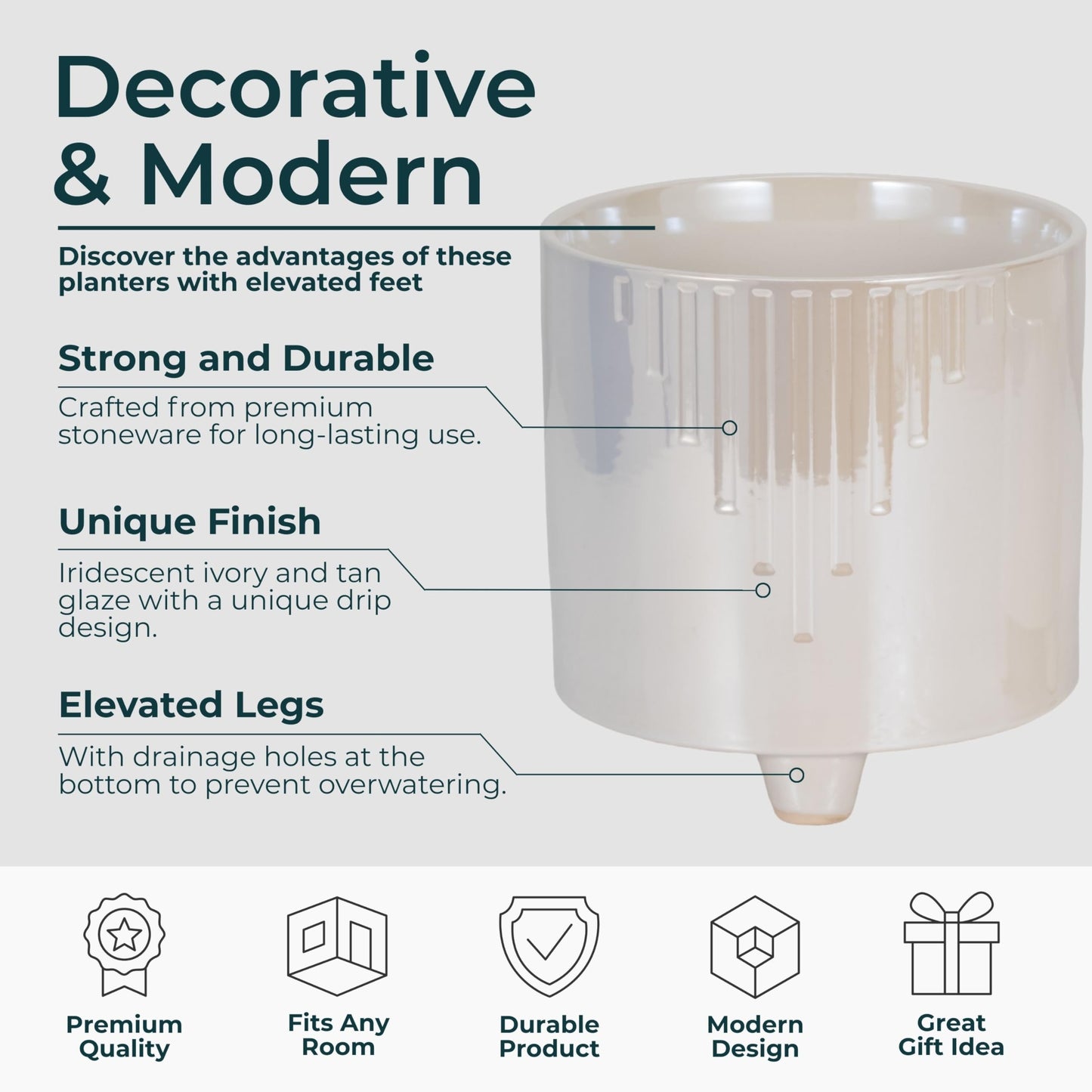 Set of 2 Iridescent Line Footed Planters with Ivory Accents – Ceramic Stoneware Outdoor & Indoor Plant Pot – Modern Garden & Home Decor Ceramic Planters – 6" & 8", Ivory