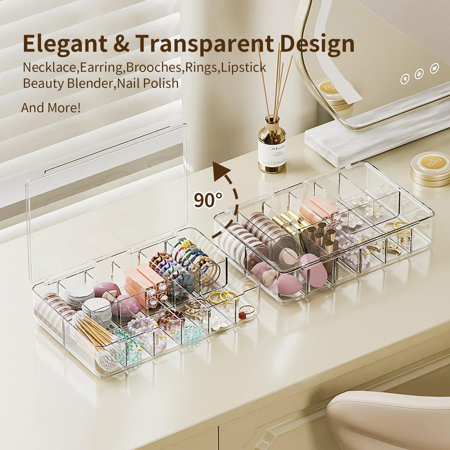 APLOP Clear Acrylic Makeup Organizer with Cover - 12 Compartments Cosmetic and Jewelry Organizer for Vanity and Desk Storage