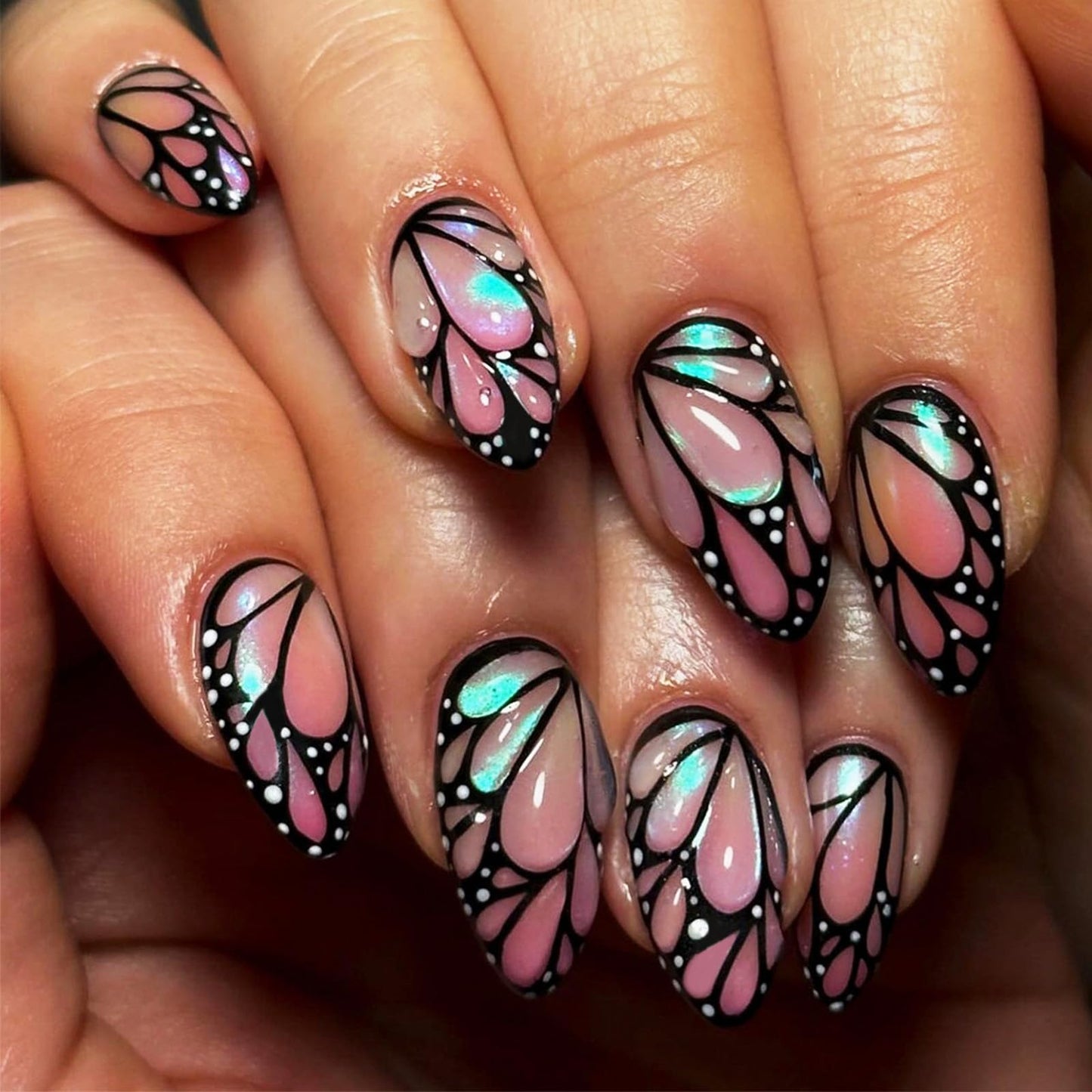Butterfly Wing Press on Nails 3D Butterfly Wing Stick on Nails Black Curve Line Acrylic Fake Medium Almond Nails 24 Pcs Glossy Multicolor Glitter False Nails Wing Gel Glue on Nails for Women Girls