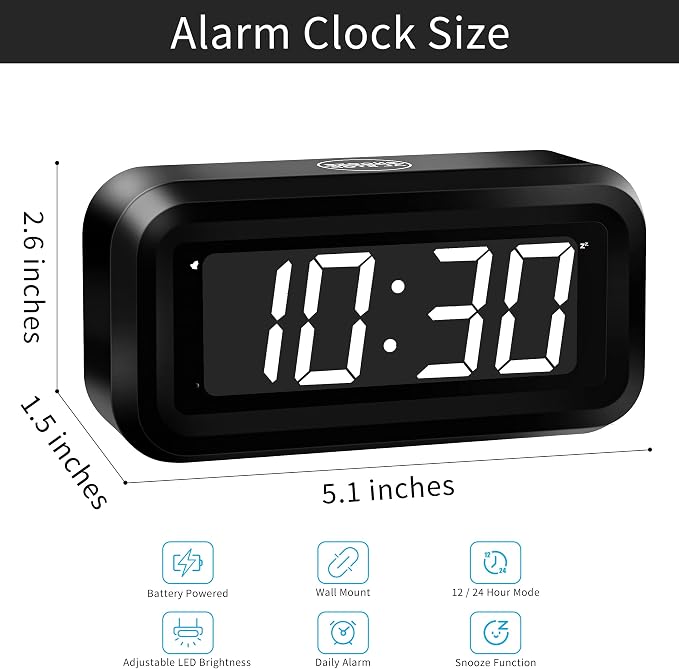 KWANWA Kids Alarm Clock, White LED, Battery, Auto-Night Mode, 12Hr/24Hr, Small, Travel, Bedside, Wall-Mount/Table-top, Easy to Read