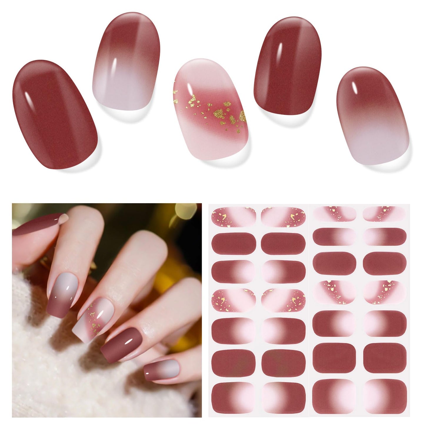 DUKASOU Semi Cured Gel Nail Strips Set, 56Pcs Nail Art Stickers/Wraps, Long Lasting UV Nail Polish Strips for Adults(Brown+Red)