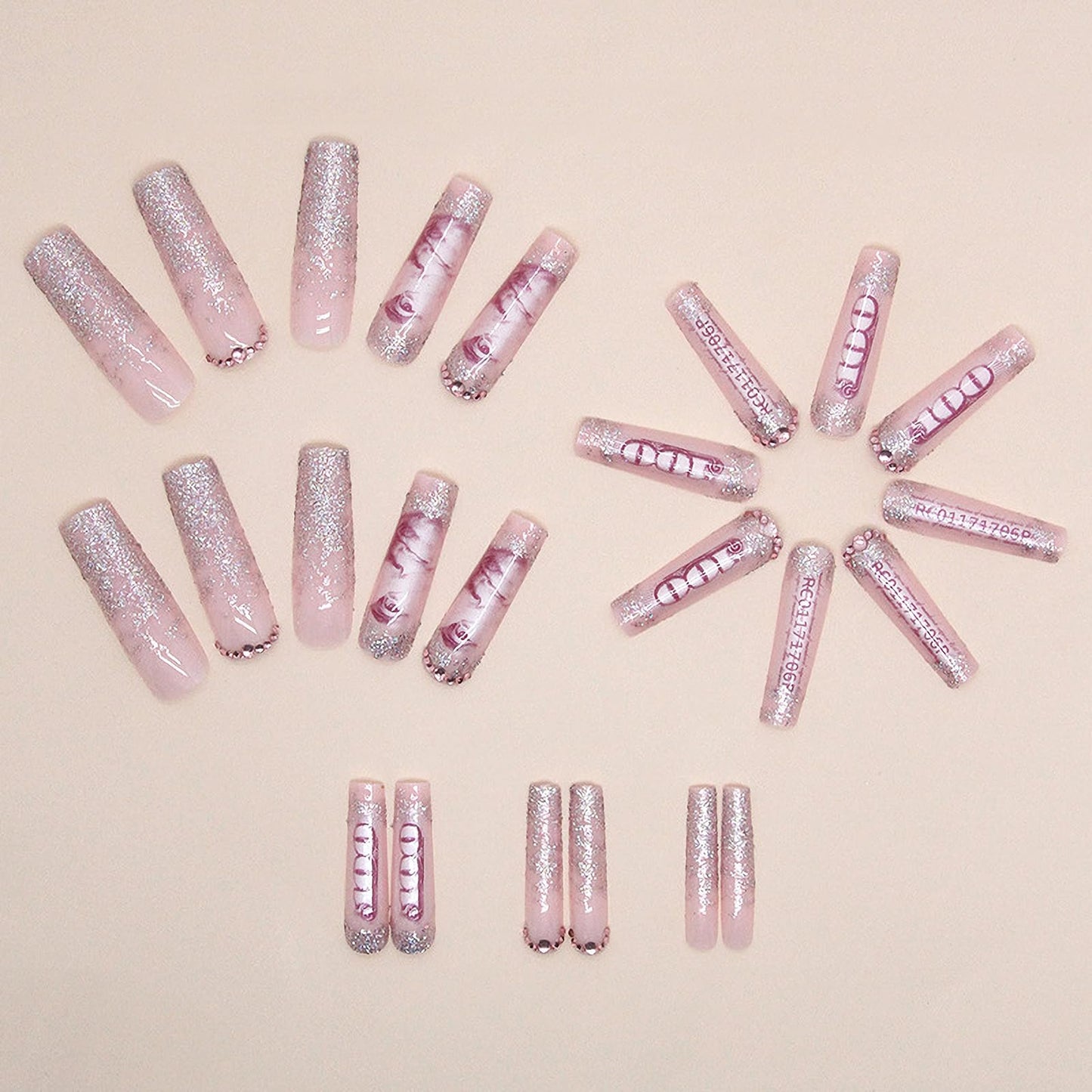 MISUD Press on Nails - Extra Long Square Fake Nails with Dollar Money, Acrylic Bling Glitter Rhinestone Design 24 pcs