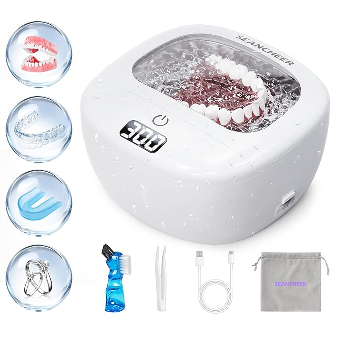 Ultrasonic Retainer Cleaner Machine | Rechargeable | Cordless | IPX7 Waterproof | Portable | 120ML | 2 Modes with Digital Timer for | Denture | Aligner | Night Guard | Mouth Guard | Jewelry | White