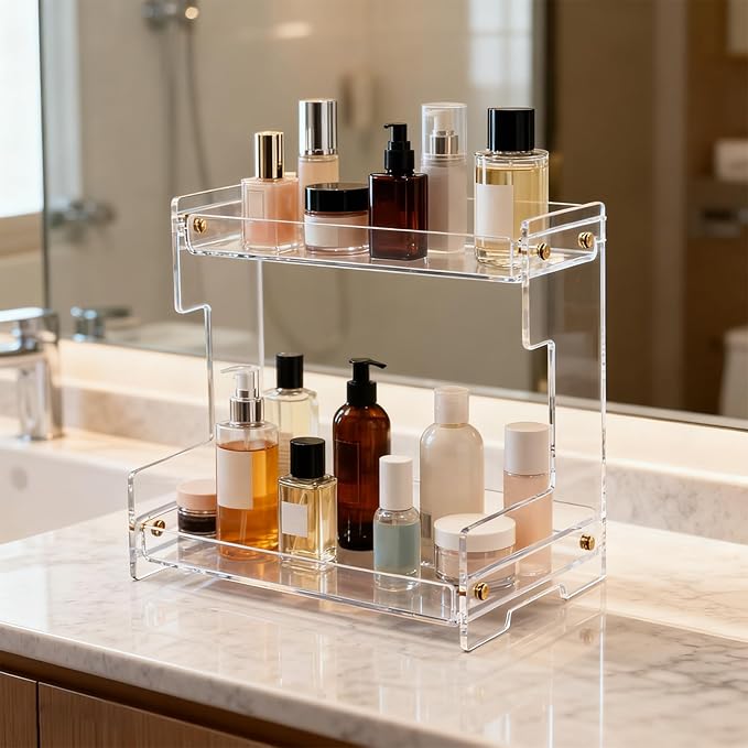 Clear Bathroom Countertop Organizers and Storage,2 Tier Acrylic Cosmetics Stand Vanity Storage Organizer,Large Capacity Corner Shelf for Bathroom,Dresser,Kitchen 11.4" L x 8.3" W x 10.2" H