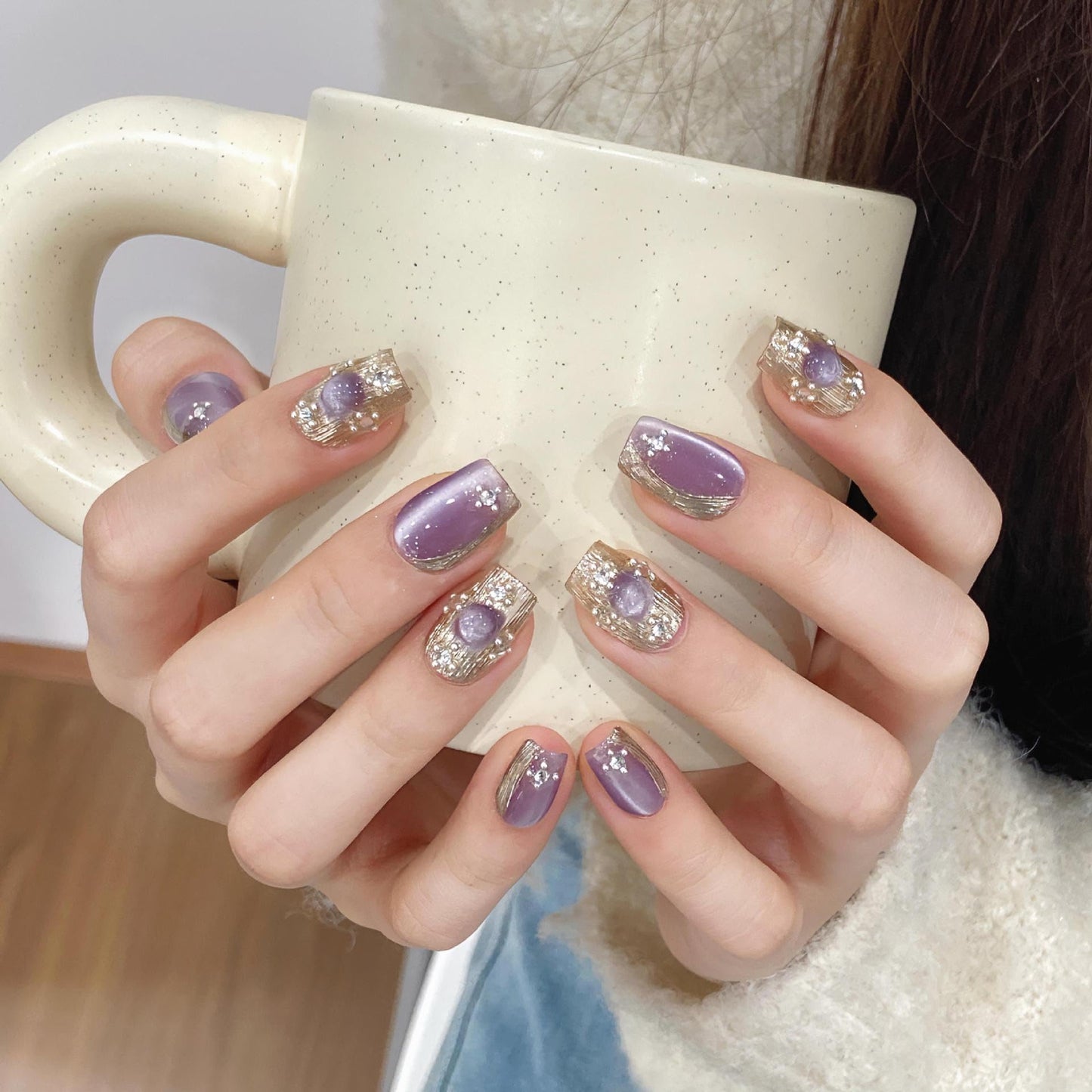 NLSJMP,Handmade Short square Press on Nails,Luxury Design Nail Art Kit,Acrylic Fake Nails Kit,Reusable False nails,Include Toolkit,10pcs,Purple,Size M