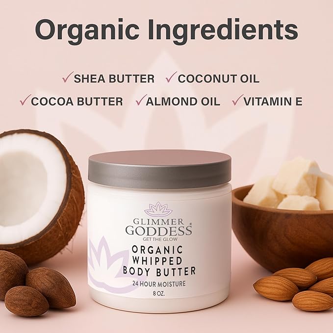 Glimmer Goddess Organic Whipped Body Butter for Women - Moisturizer Cream with Shea & Cocoa Butter, Almonds & Coconut Oil - Orange Creamsicle, 8oz