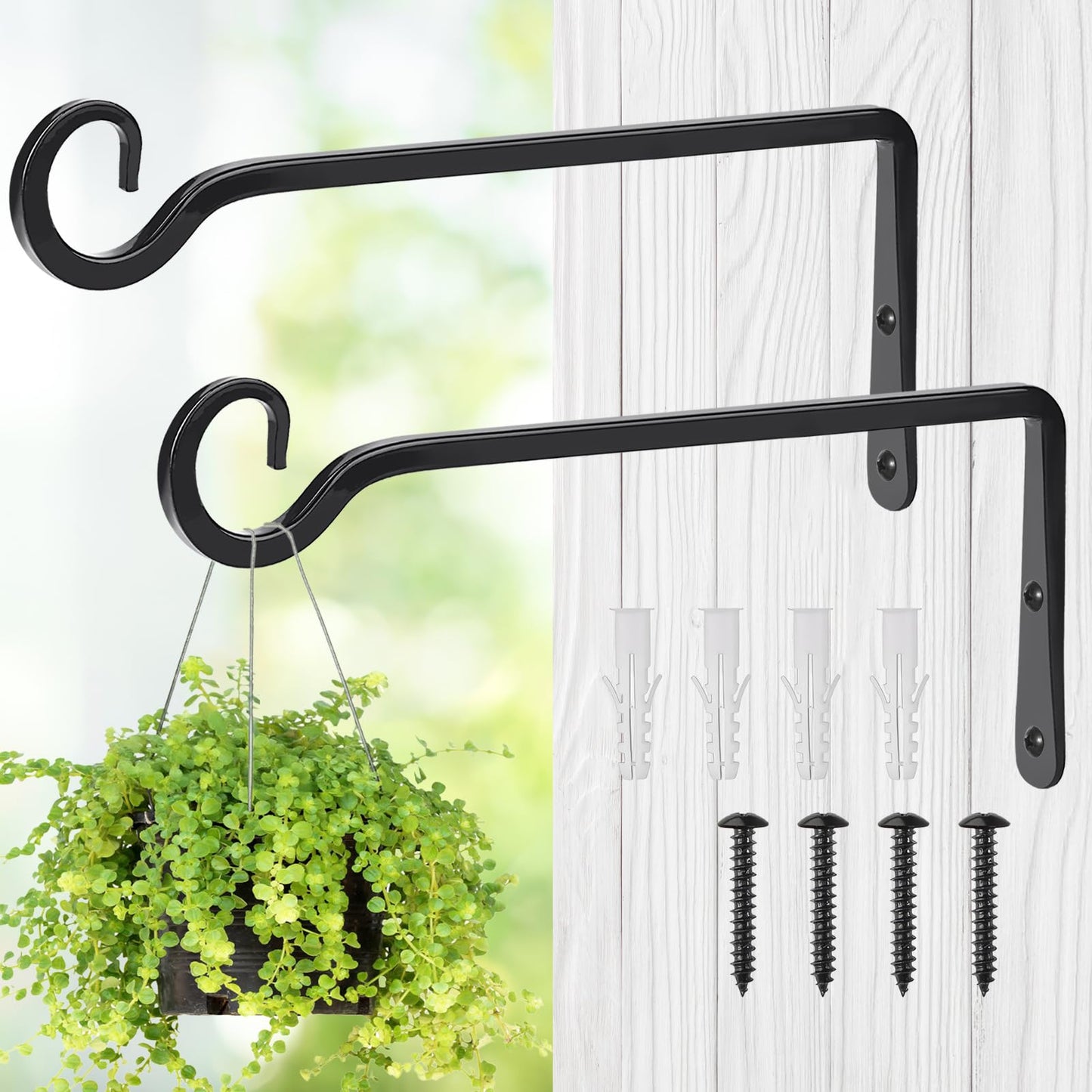 MOWPOG Metal Hanging Plant Hooks, 2 Pack 10 Inch Wall Hooks for Hanging Plants, Bird Feeder, Flower Basket, Wind Chimes, Indoor Outdoor (Black)