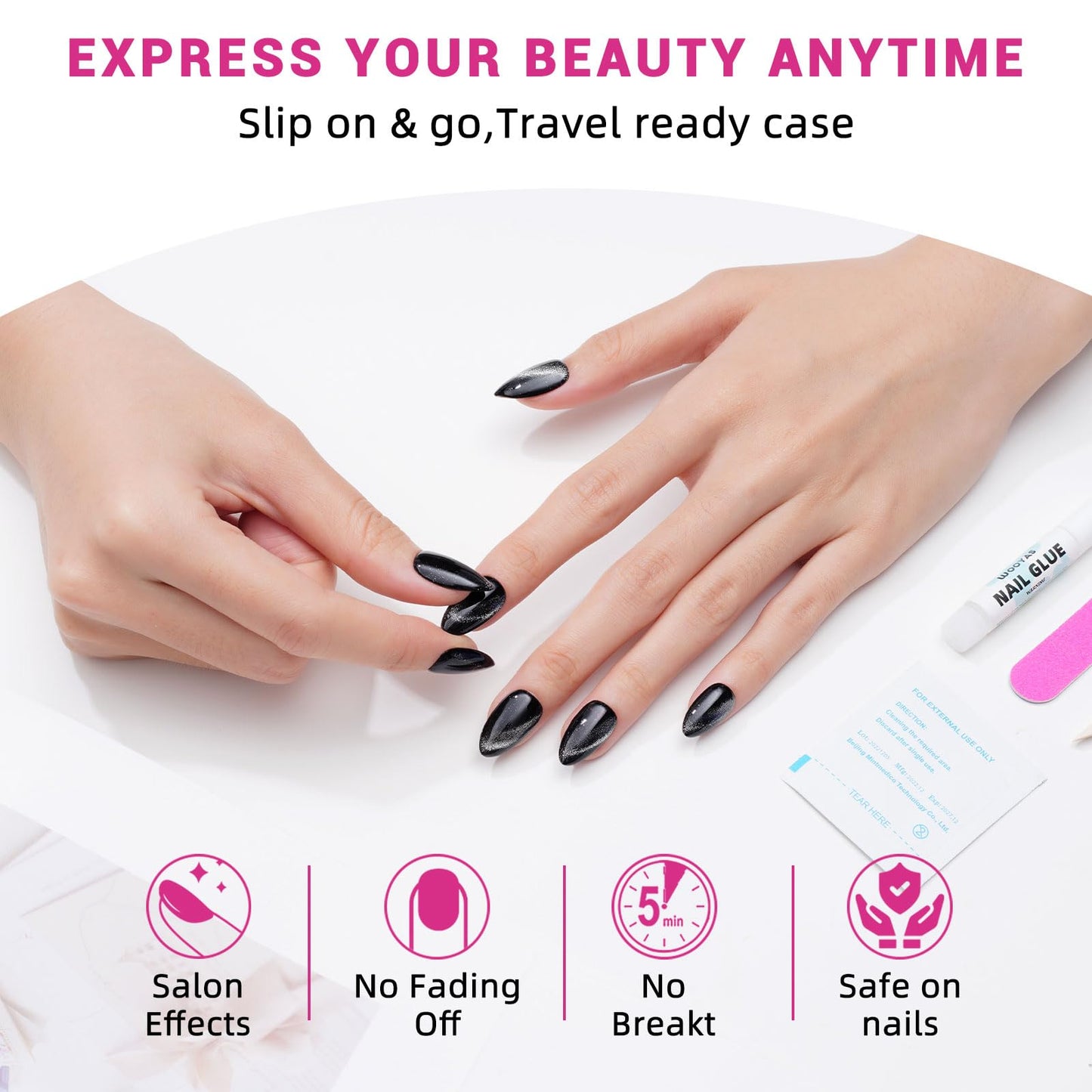 Black Press On Nails Short Almond Cat Eye False Nails with Handmade Jelly Magnet,Stiletto Glue On Nails-24Pcs Fake Nails Kit，Opal