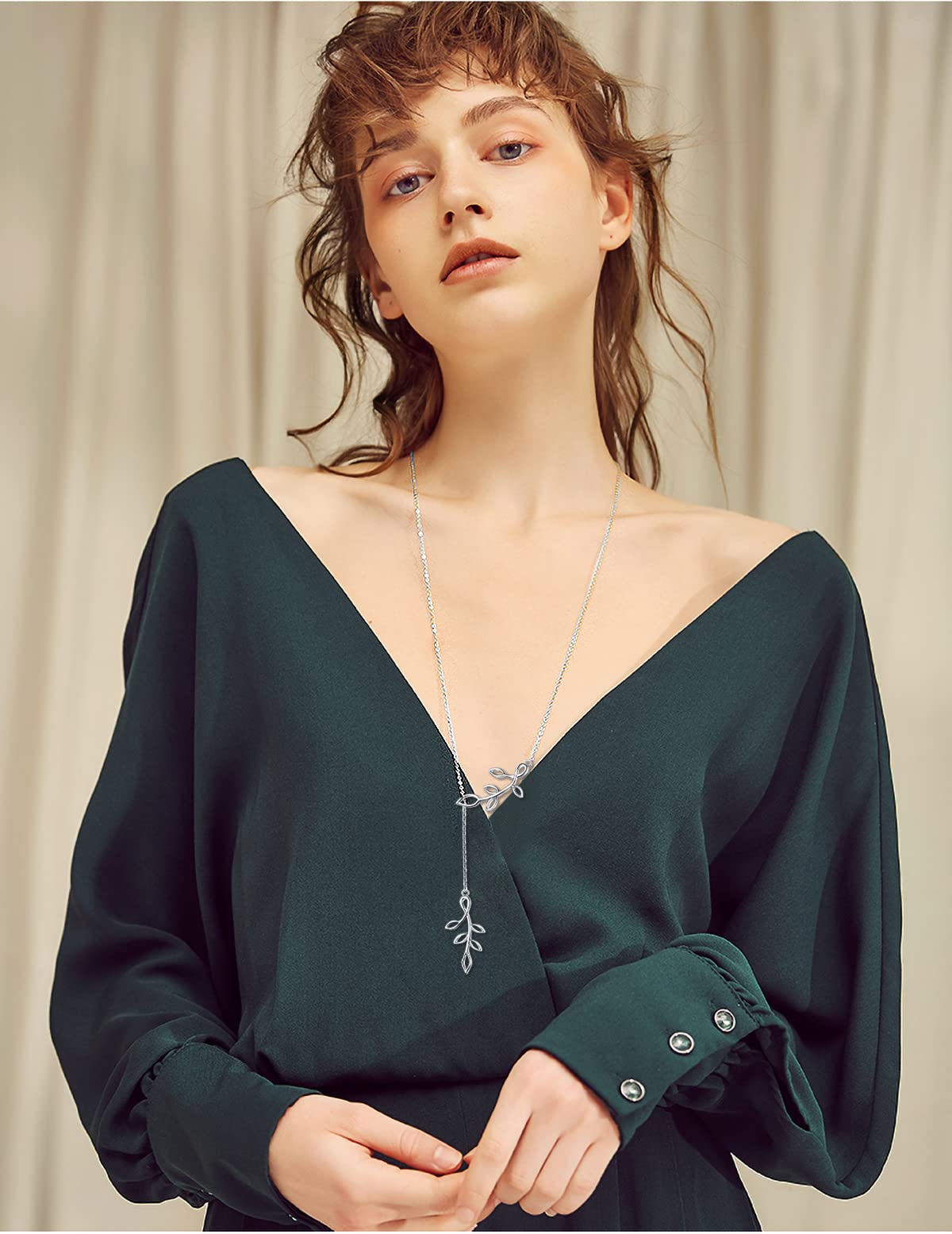 DAOCHONG Long Necklace Sterling Silver Olive Leaf Larait Bar Y Lariat Long Chain Drop Adjustable Necklace for Her, 30"