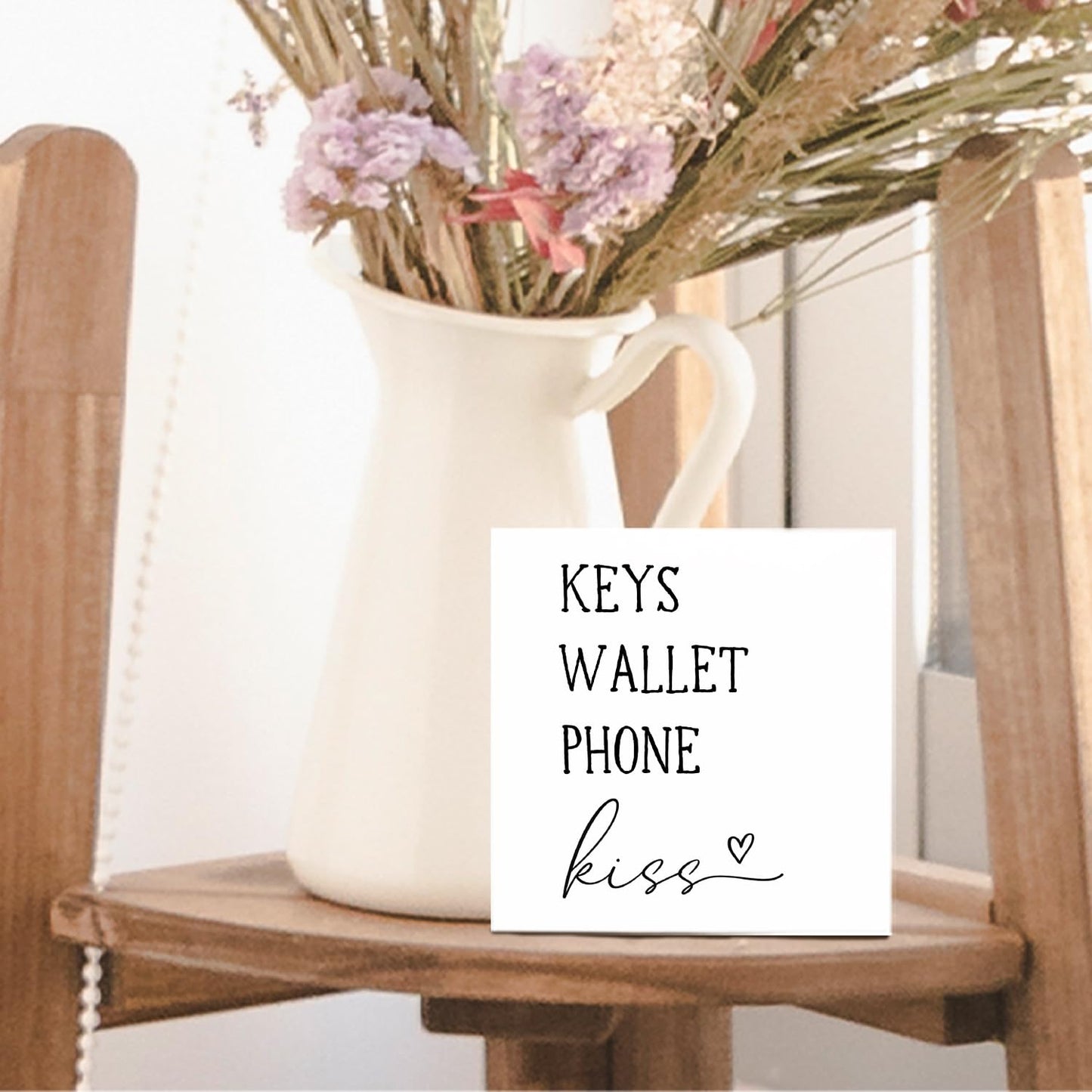 Nrleey Entryway Wooden Box Sign - Keys Wallet Phone Kiss Wood Box Sign Desk Decor, Entry Way Decor, Entry Way Table Home Decor, 5 X 5 Inches