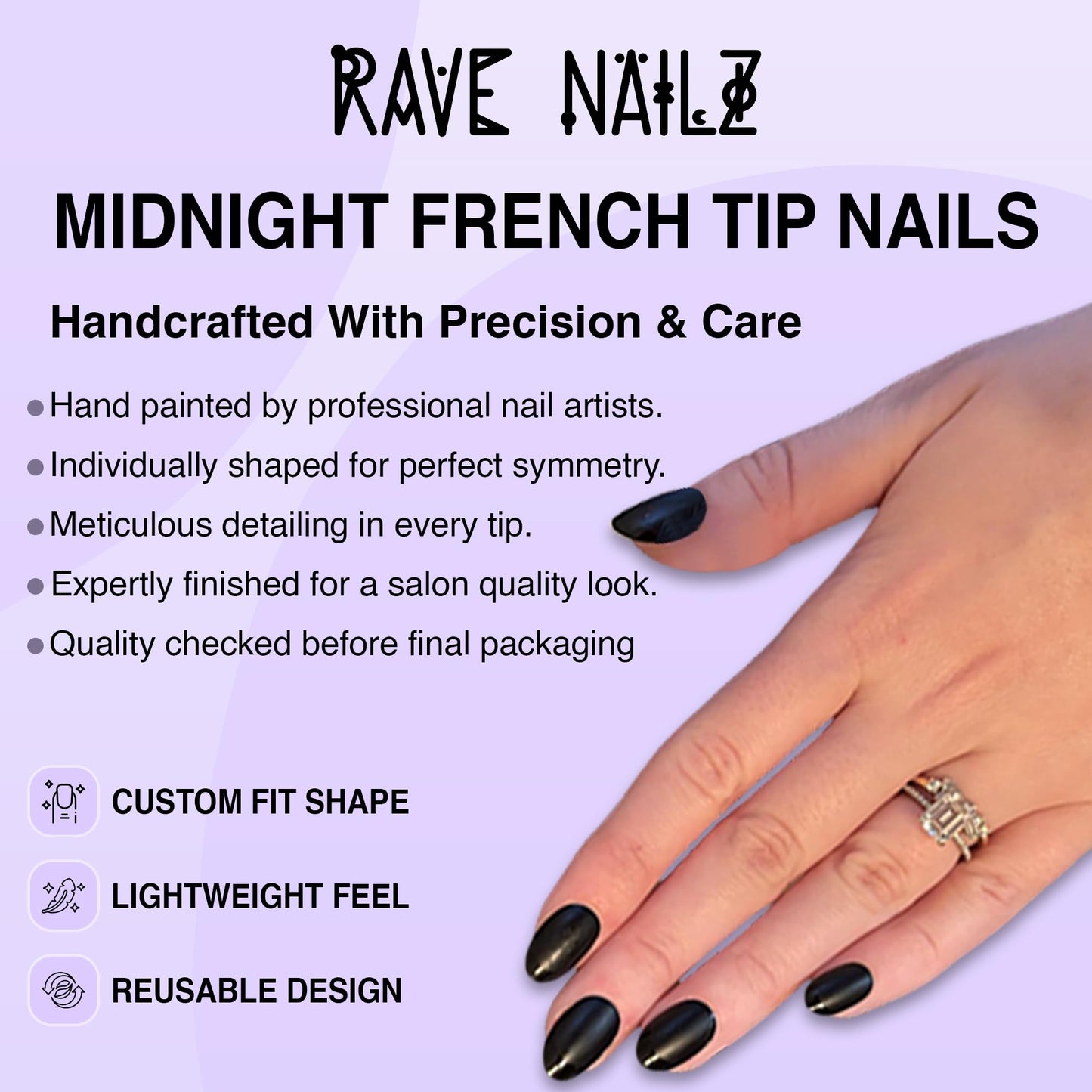 Rave Nailz Midnight French Tip Press On Nails (24 Count) | Matte Black 3D False Oval Press On Nail Short with Glossy Tip | Chip-Resistant Fake Nails with Glue, Includes File, Long-Lasting 2+ Weeks