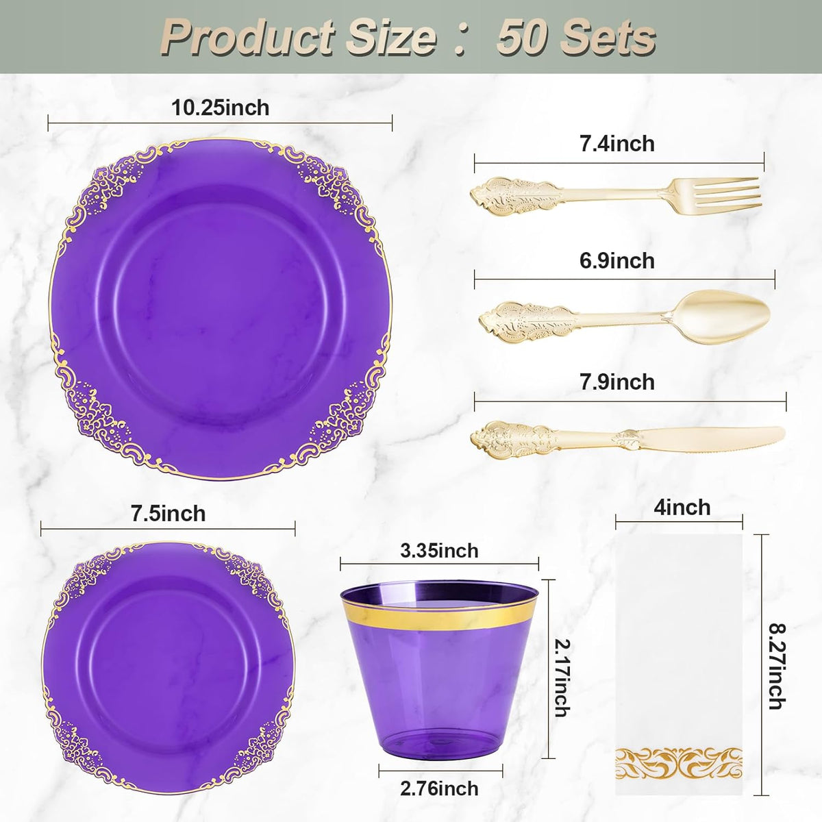 350PCS Clear Purple Plastic Plates for 50 Guests, Disposable Plates with Gold Trim include 50 Dinner Plates, 50 Dessert Plates, 150 Gold Silverware, 50 Cups, 50 Napkins for Party, Wedding