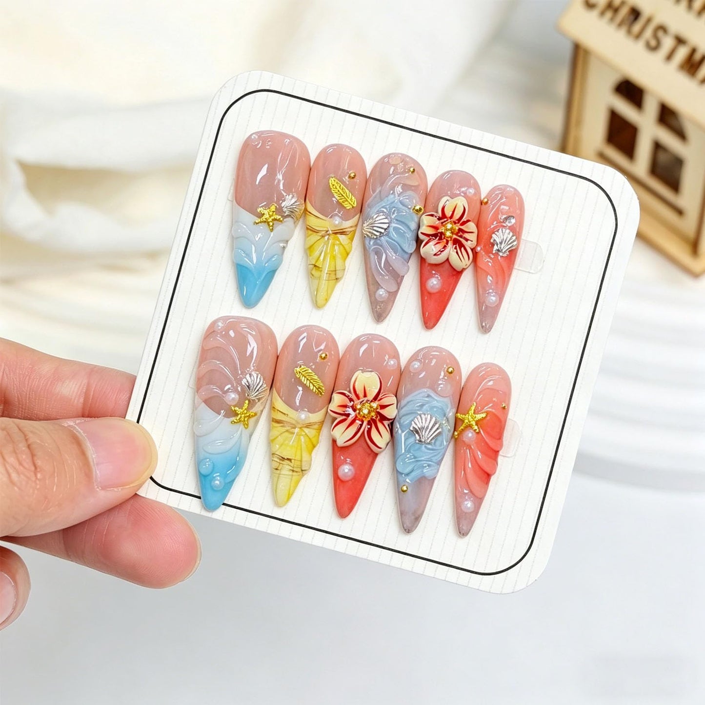 10 Pcs Handmade Press on Nails Long Stiletto Fake Nails with Design 3D French Tip Flower False Nails Nude Acrylic Long Stiletto Press Ons Nails for Women Wedding Party - Size M