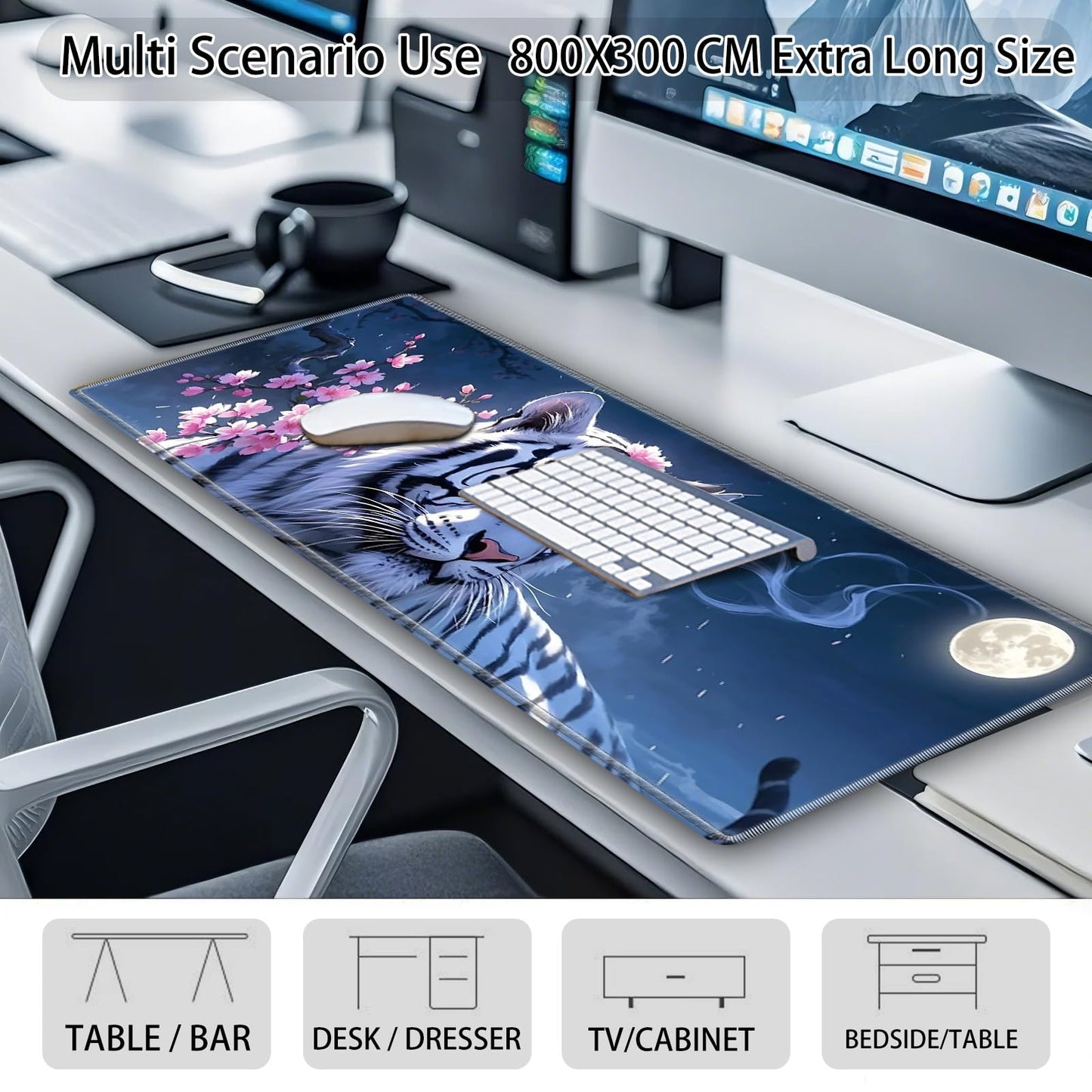 XL Large Gaming Mouse Pad 31.5x11.8 inch + Coasters -Extended Desk Pad Mat with Stitched Edges, Non-Slip Rubber Base, Black Computer Mousepad for Laptop, PC, Office & Home,White Tiger Flower