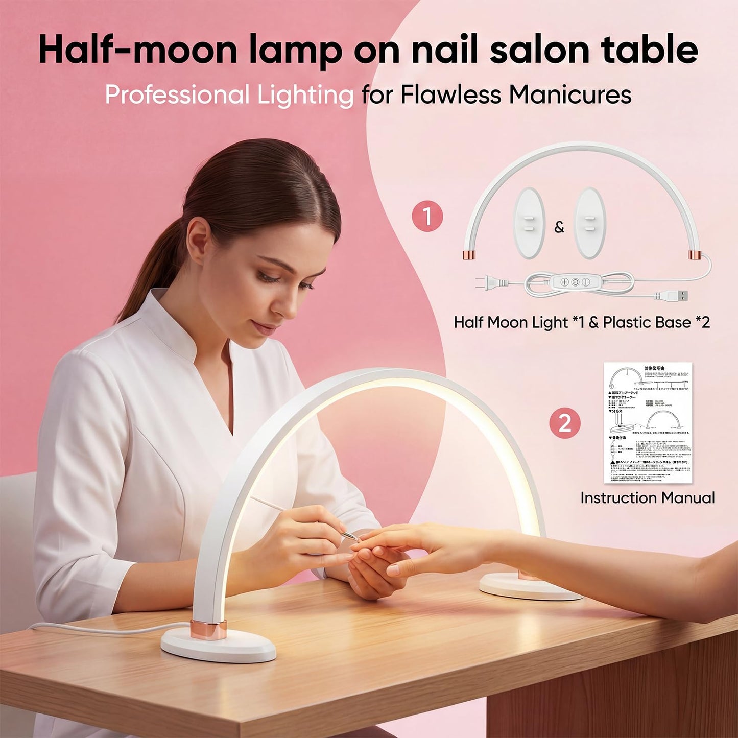 chufa 16" Half-Moon Nail Desk Lamp with Foldable Bracket, Stepless Dimming 3000–6500K Shadow-Free LED Task Light for Manicure Table/Salon, Makeup, Lashes & Crafts, Eye-Caring, DC-Powered – White