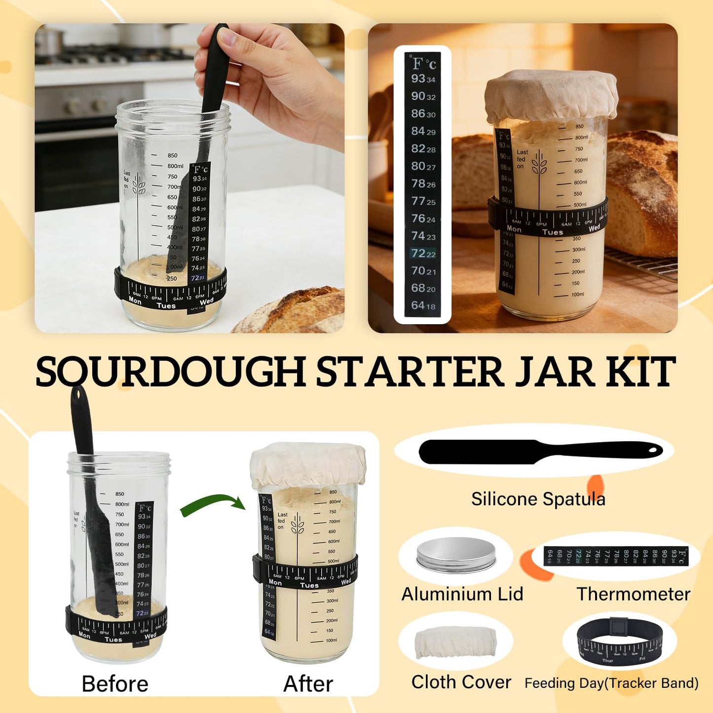 Loft & Grove Sourdough Starter Kit – Complete Bread Baking Kit with 9” Banneton Proofing Basket, 34oz Starter Jar with Feeding Tracker, Dough Whisk, Bread Lame – Beginner Sourdough Baking Supplies