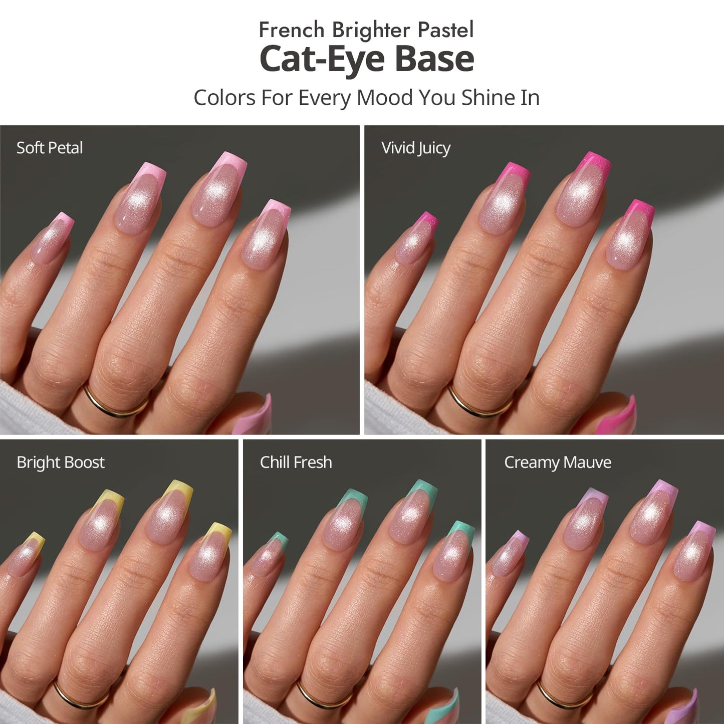 BTArtboxnails XCOATTIPS 5 Brighter Pastel French Tip Press on Nails - Short Coffin, Cat Eye Base, 4-Week Wear, Easy-to-Apply, Soak Off, Salon Quality Value at Home, 16 Size - 160 Fake Nails
