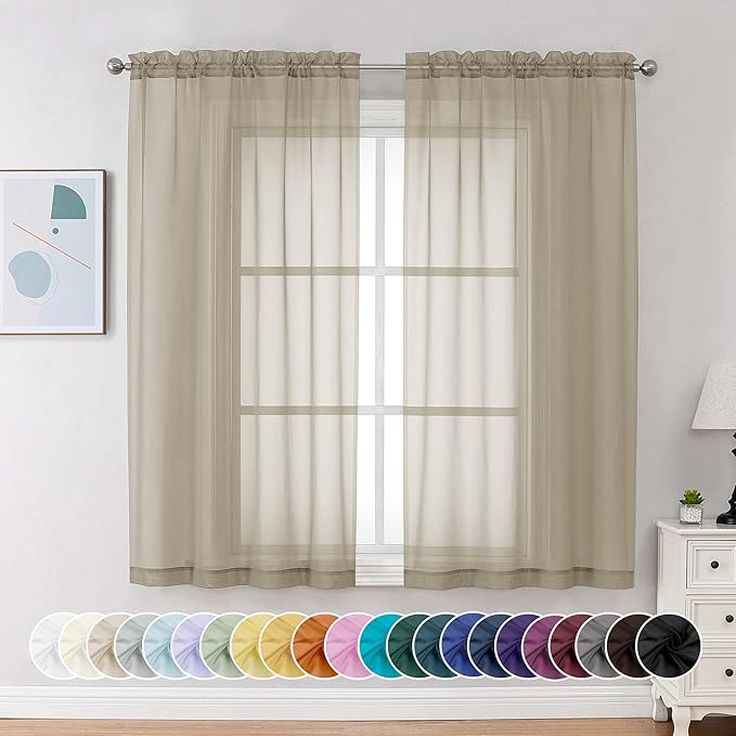 Chyhomenyc Taupe Sheer Curtains 63 Inch Length 2 Panels, Light Filtering Airy Rod Pocket Window Curtain Treatment Drapes for Bedroom Living, Each 42Wx63L Inches