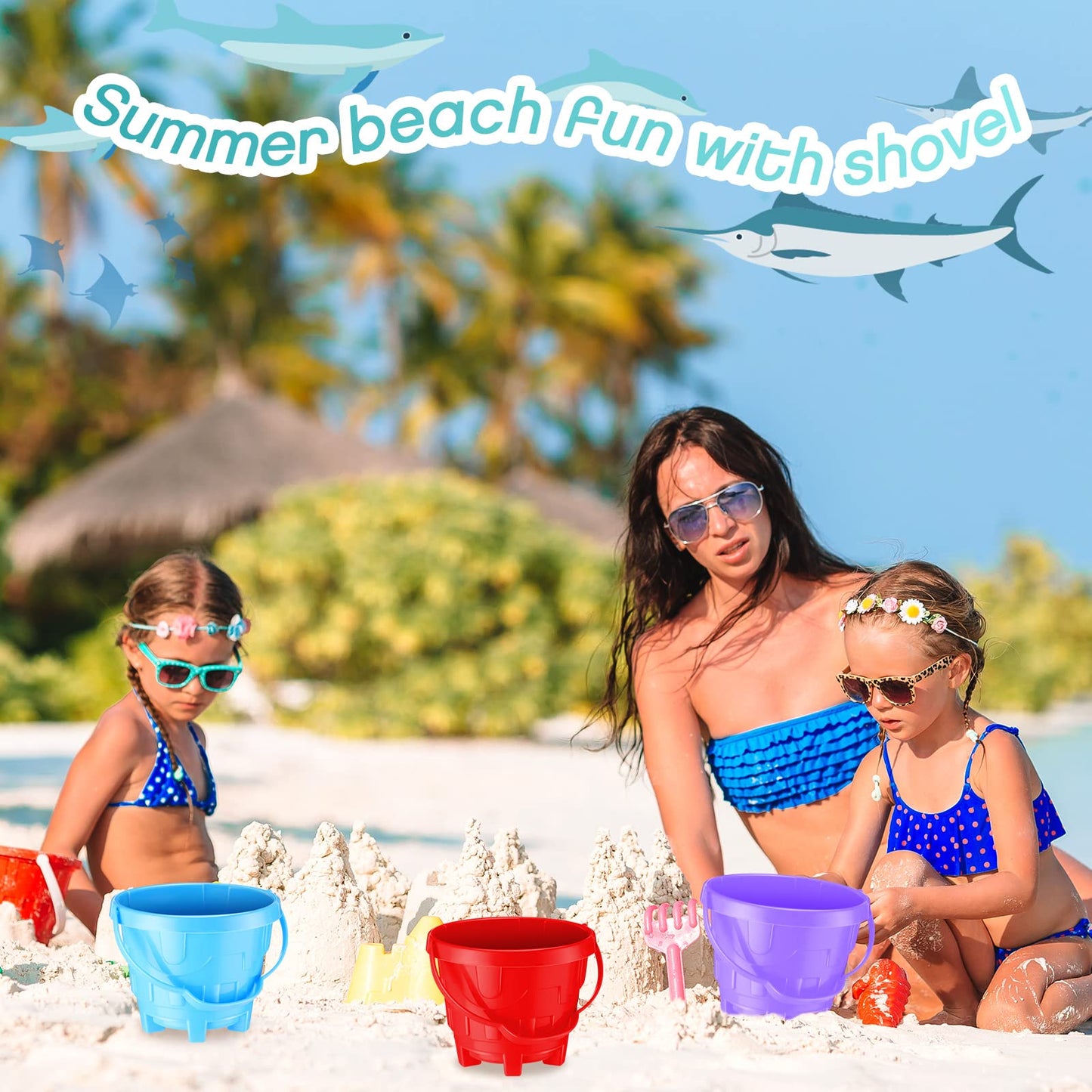 Didaey 30 Set Beach Sand Buckets and Shovels, Include Sand Pail Bucket 6 Colors with Castle Design Inside and Shovels for Boys Girls Summer Party (5.5 x 4.7 Inch)