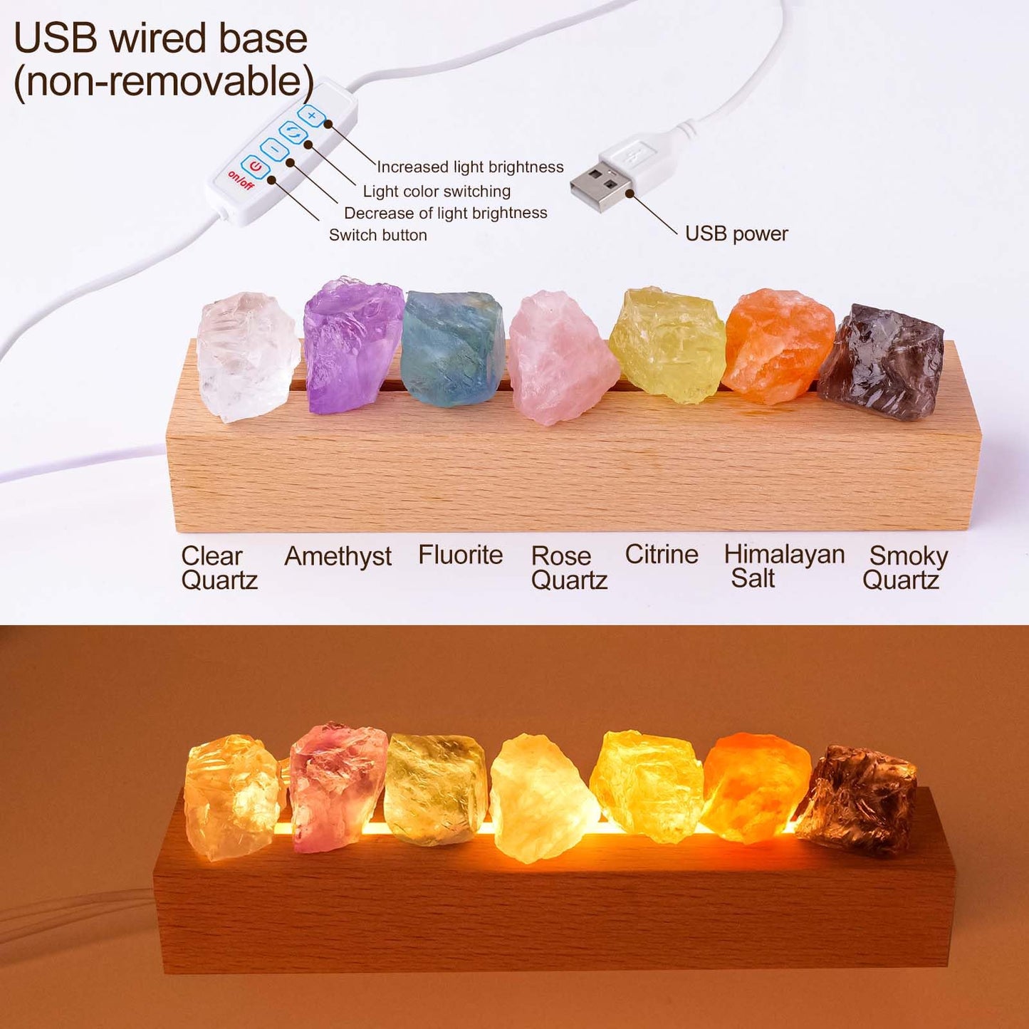 Runyangshi Crystal Night Lamp Natural Healing Crystal Raw Stone USB Port 3 Colours Dimming Mode Bedroom Lamp Suitable Night Light Ideal Gift