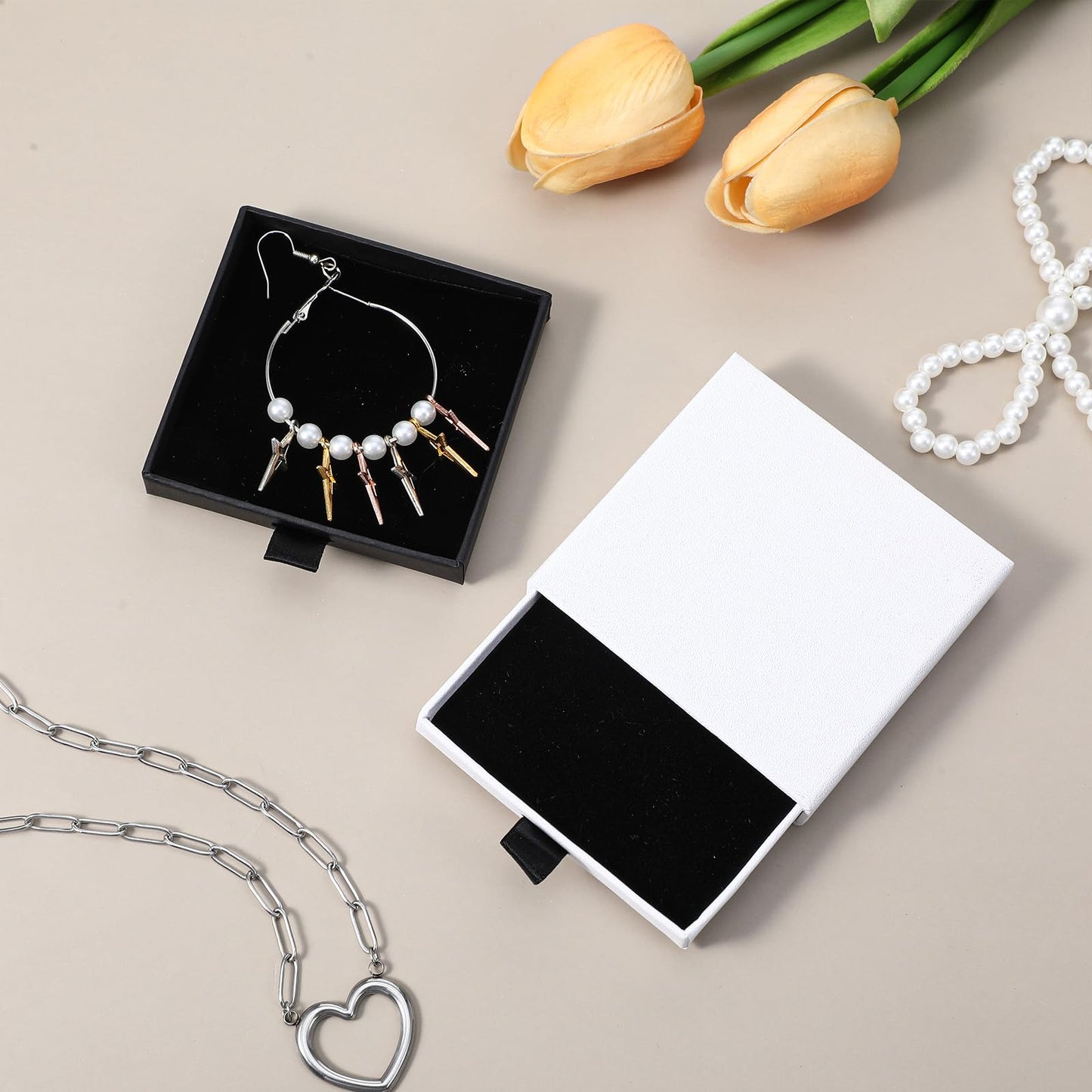 ZEYIYER 2Pcs Small Bracelet Gift Box, Jewellery Box Drawer Type, Cardboard Jewellery Gift Case for Necklace, Chain, Earrings (Black White)