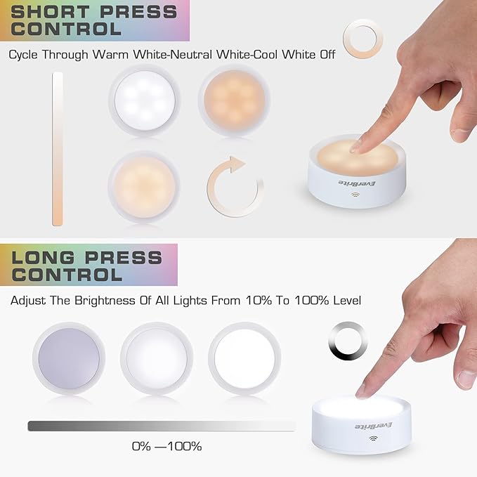 EverBrite Puck Lights with Remote, Wireless LED Battery Operated, Under Cabinet Timer, Stick on Light, Closet Light Dimmable for Closet, Bedroom, Included (6-Pack)