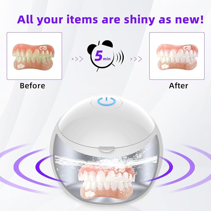 Voraiya Ultrasonic UV Cleaner for Dentures, Aligner, Retainer, Whitening Trays, Night Dental Mouth Guard, Toothbrush Head, Ultrasonic Jewelry Cleaner Machine for all dental Appliances, Diamon (White)