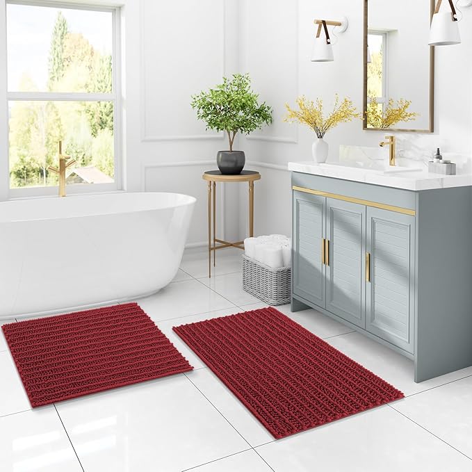 Arotive Luxury Chenille Bathroom Rug Mat, Extra Soft Thick Absorbent Shaggy Bath Rugs, Non-Slip Machine Wash Dry, Plush Bath Mats for Bathroom, Shower and Tub, 36x24, Red