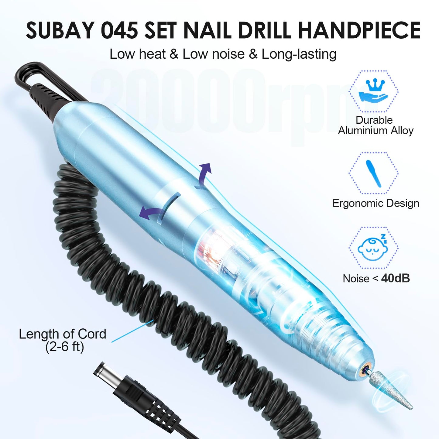 Subay Professional Nail Drill Electric File 20000RPM for Acrylic Nails, Gel Nail, Nail Art Polisher, Manicure Pedicure Tools for Salon Home